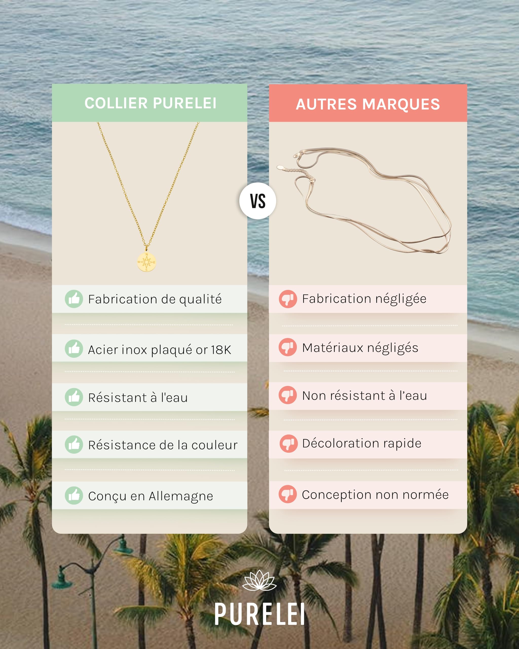 Purelei Compass Bijou pour Femmes – Collier pour Femmes en Acier Inoxydable Durable – Collier résistant à l'eau avec Pendentif – Longueur réglable 40-45 cm – Collier pour votre style