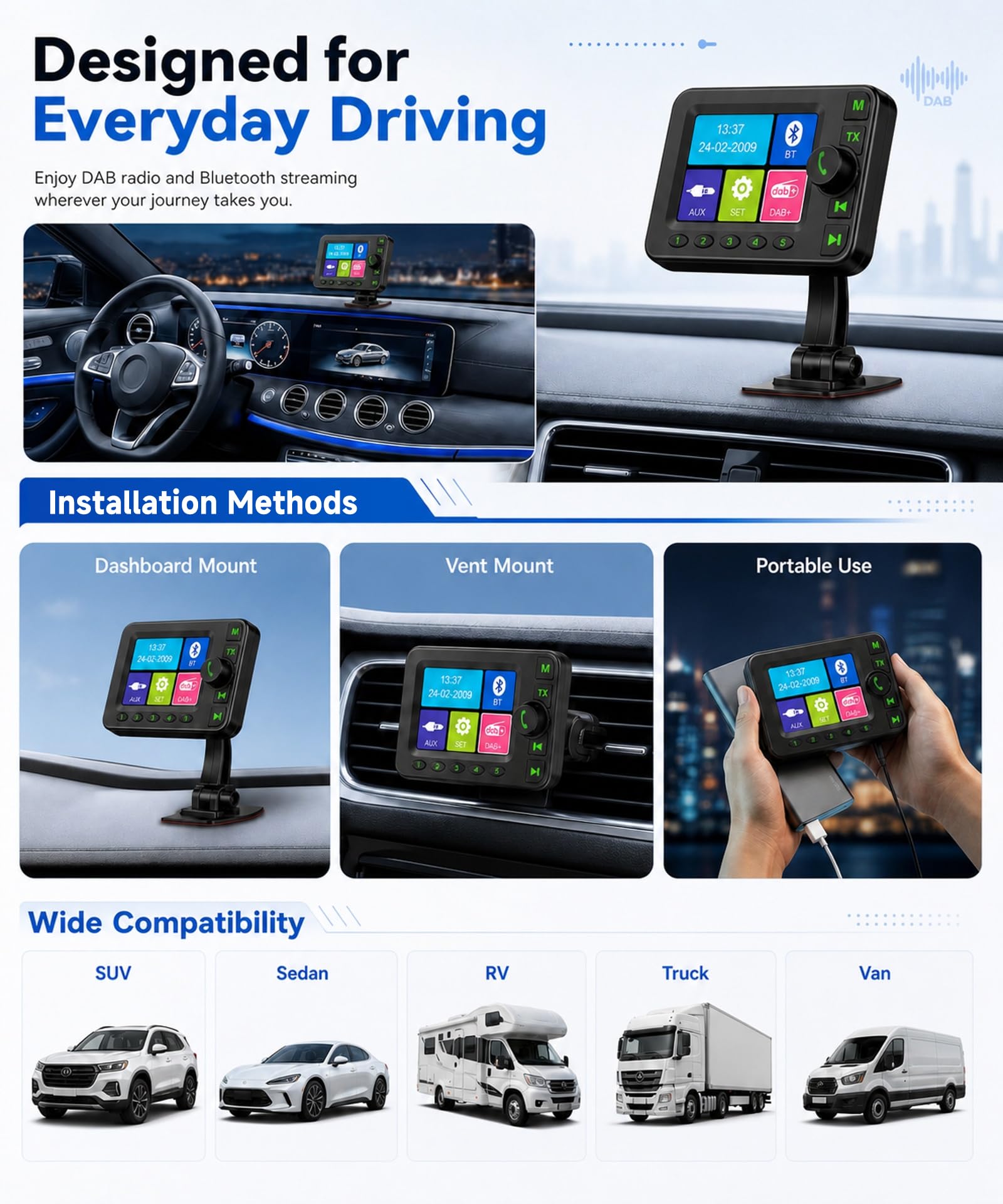 VECHTEL Ricevitore DAB+ Portatile per Auto con Bluetooth e Display TFT 2,8" | Adattatore DAB+ per Autoradio, Trasmettitore FM, Vivavoce, Ingresso/Uscita AUX, Antenna Attiva, Ricerca Automatica