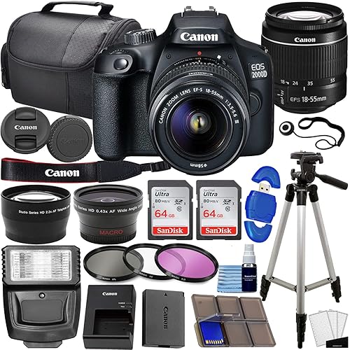 Canon EOS 2000D / Rebel T7 DSLR Camera w/EF-S 18-55mm f/3.5-5.6 Lens 3 Lens Kit: 128GB Memory + Wide Angle + Telephoto + Flash (Renewed)