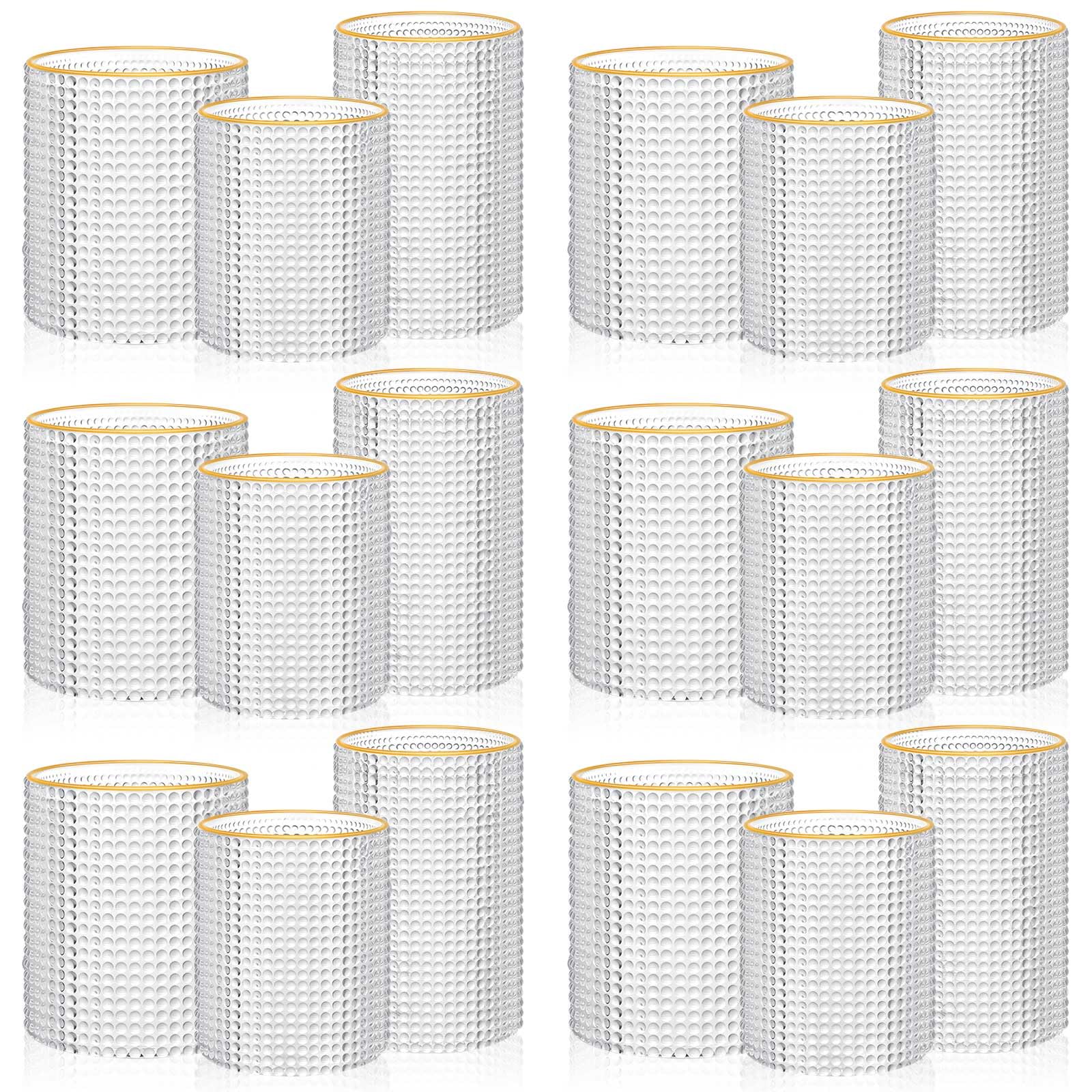 Irenare 18 Pcs Count Hobnail Drinking Glasses Set Old Fashioned Vintage Drinking Glasses Clear Hobnail Glasses Tumbler Embossed Vintage Glassware for Water Cocktail Juice, 12 oz, 14 oz, 15 oz (Gold)