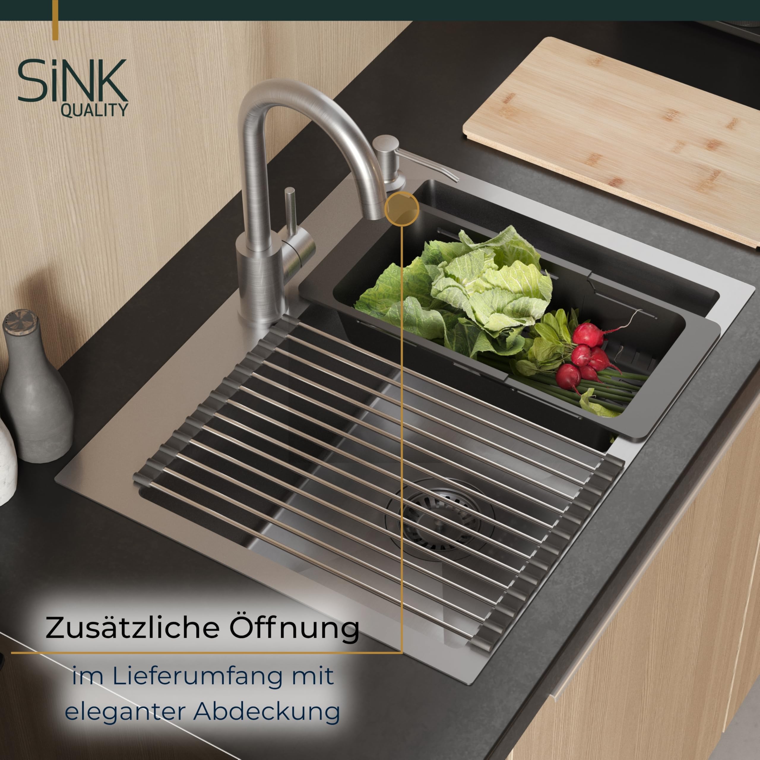 Sink Quality zlewozmywak ze stali nierdzewnej 58 x 45 cm – odporna na zarysowania powłoka PVD i oszczędzający miejsce syfon, zlewozmywak ze stali nierdzewnej 304 do szafki pod umywalkę 60 cm, łatwy w