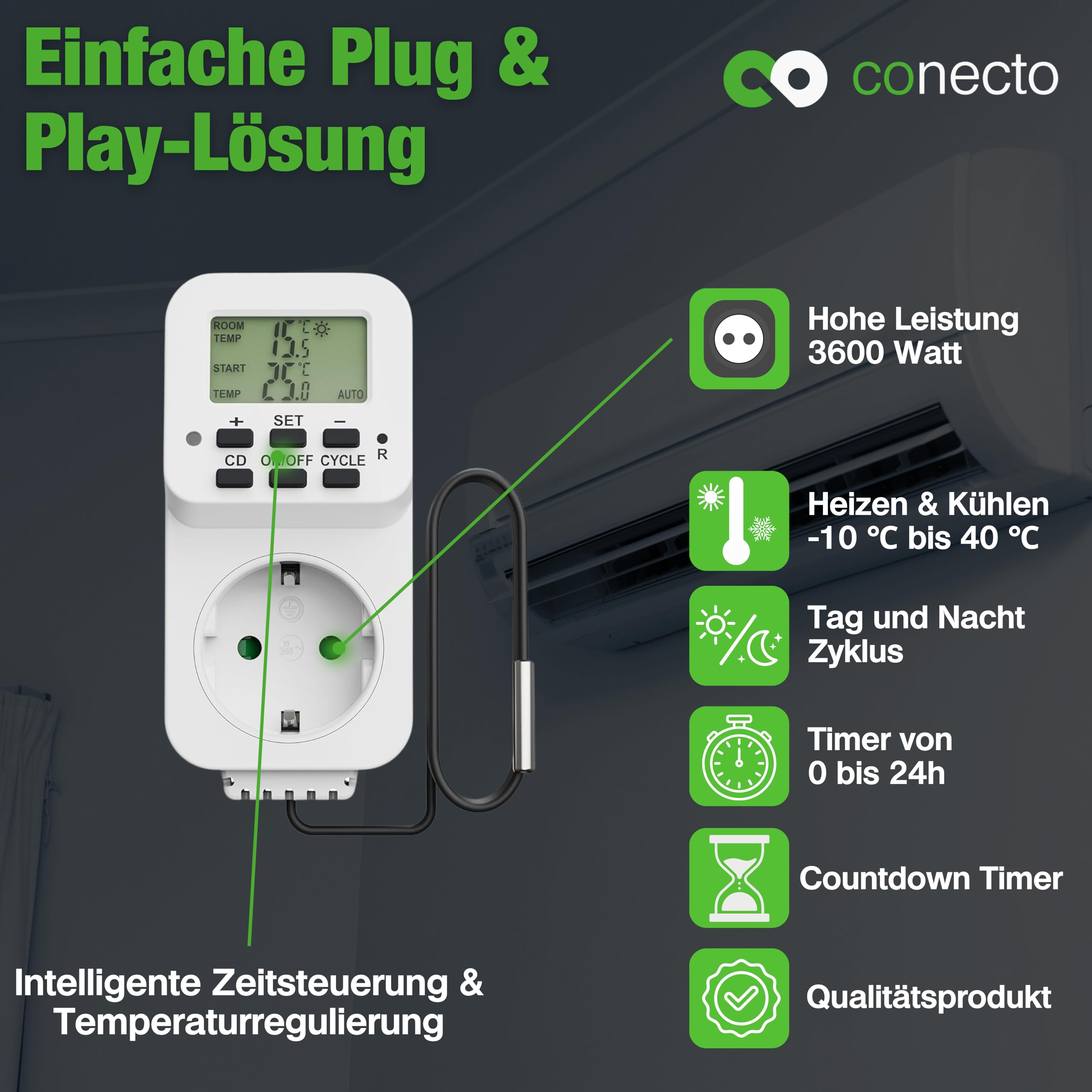 conecto Prise de Thermostat numérique avec capteur Externe et minuteur pour Terrarium, Serre, fumoir, Chauffage, régulateur de température, de Gel, 3600 W, Blanc
