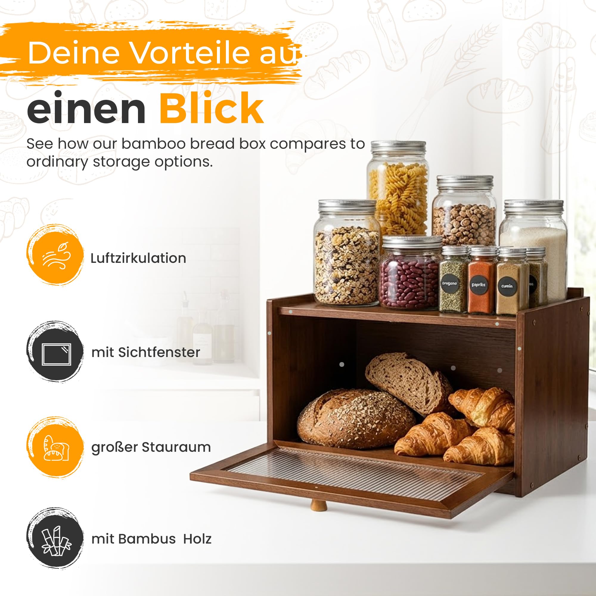 AH® Brotkasten Holz Vintage mit Sichtfenster – Brotbox mit Belüftung – Bread box– Brotbewahrung im Landhausstil