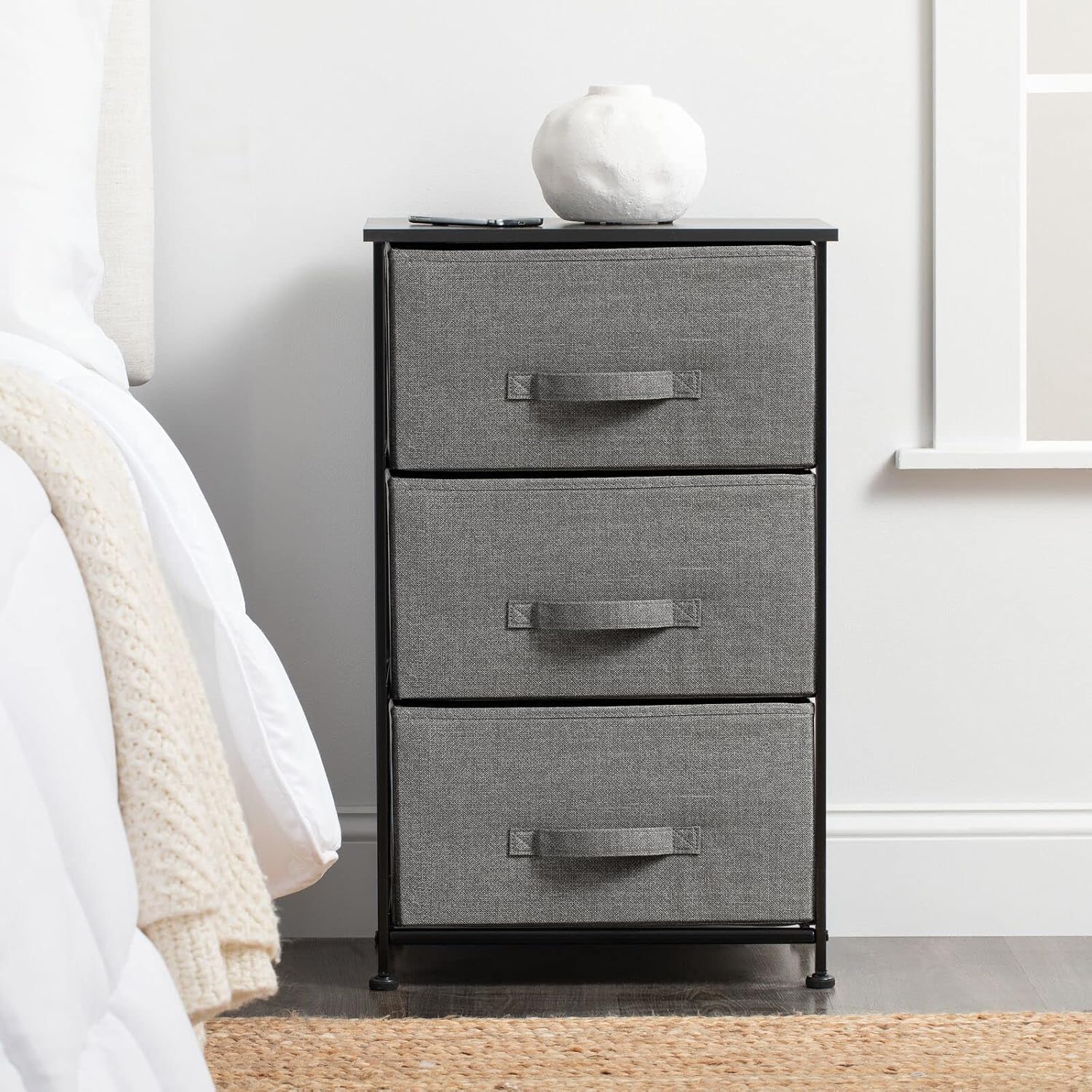 mDesign Steel Top and Frame Storage Dresser Tower Unit with 3 Removable Fabric Drawers for Bedroom, Living Room, or Bathroom - Holds Clothes, Accessories, Lido Collection - Charcoal Gray