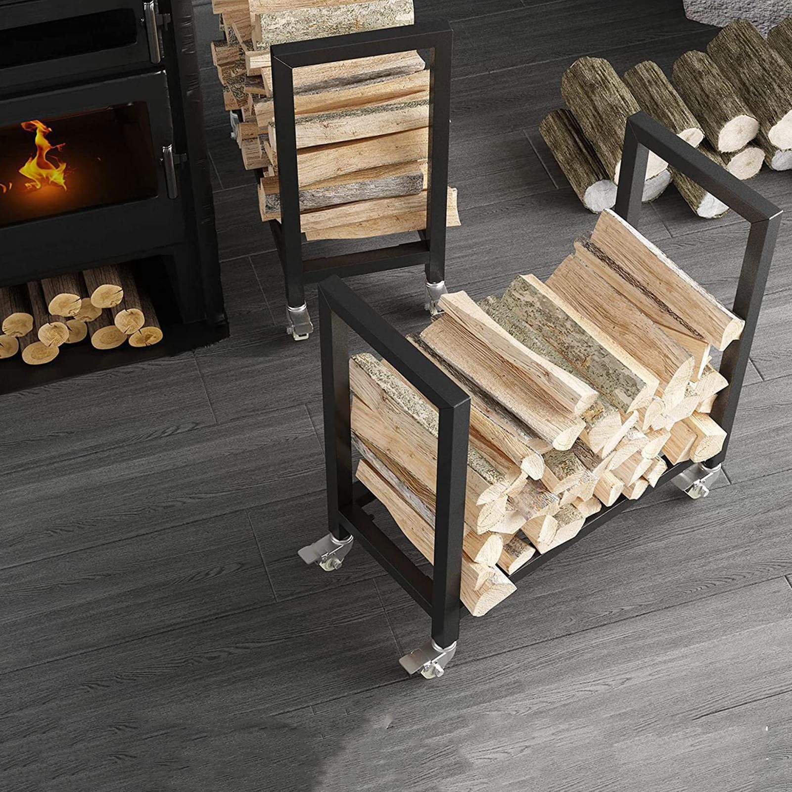 Brennholzständer Holzhalter Mit Rädern，holzkarren Für Innen- Und Außenbereiche，metallregal Zur Lagerung Von Brennholzscheiten，für Terrasse Deck Und Veranda Holzstapel-aufbewahrungsregal