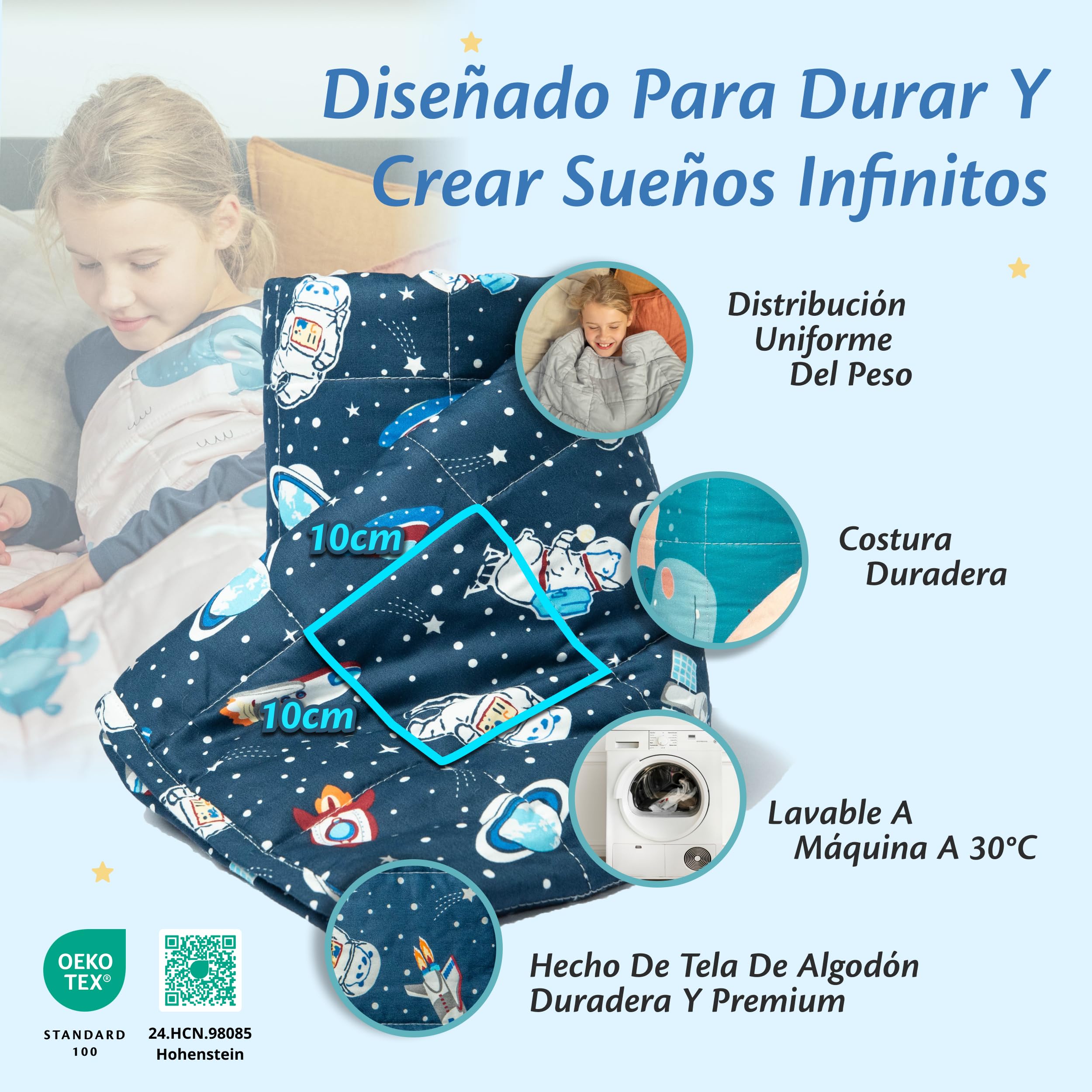 Ella Manta Pesada para Niños 2,4 kg 90x120 cm – Manta Terapéutica, para Reducción de Estrés y Ansiedad, Perlas de Vidrio Hipoalergénicas, Capa Exterior de Algodón Suave y Refrescante, para Niños de 15