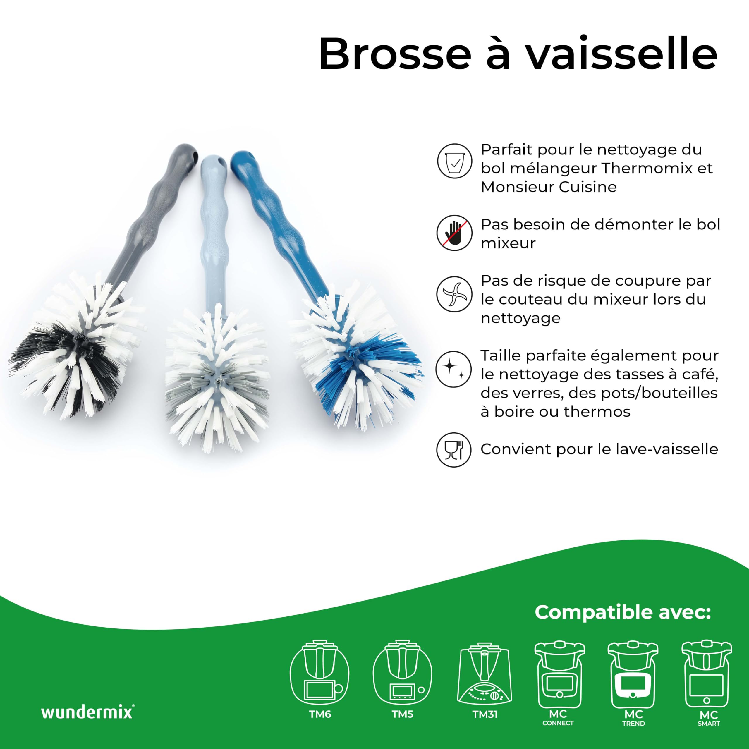Accessoire Robot Culinaire Brosses De Nettoyage Wundermix - Lot De 3 - Pour Bols De Robots Cuisine - Poils Nylon - Lave-Vaisselle Nettoyage Bol Mixeur Lave Vaisselle