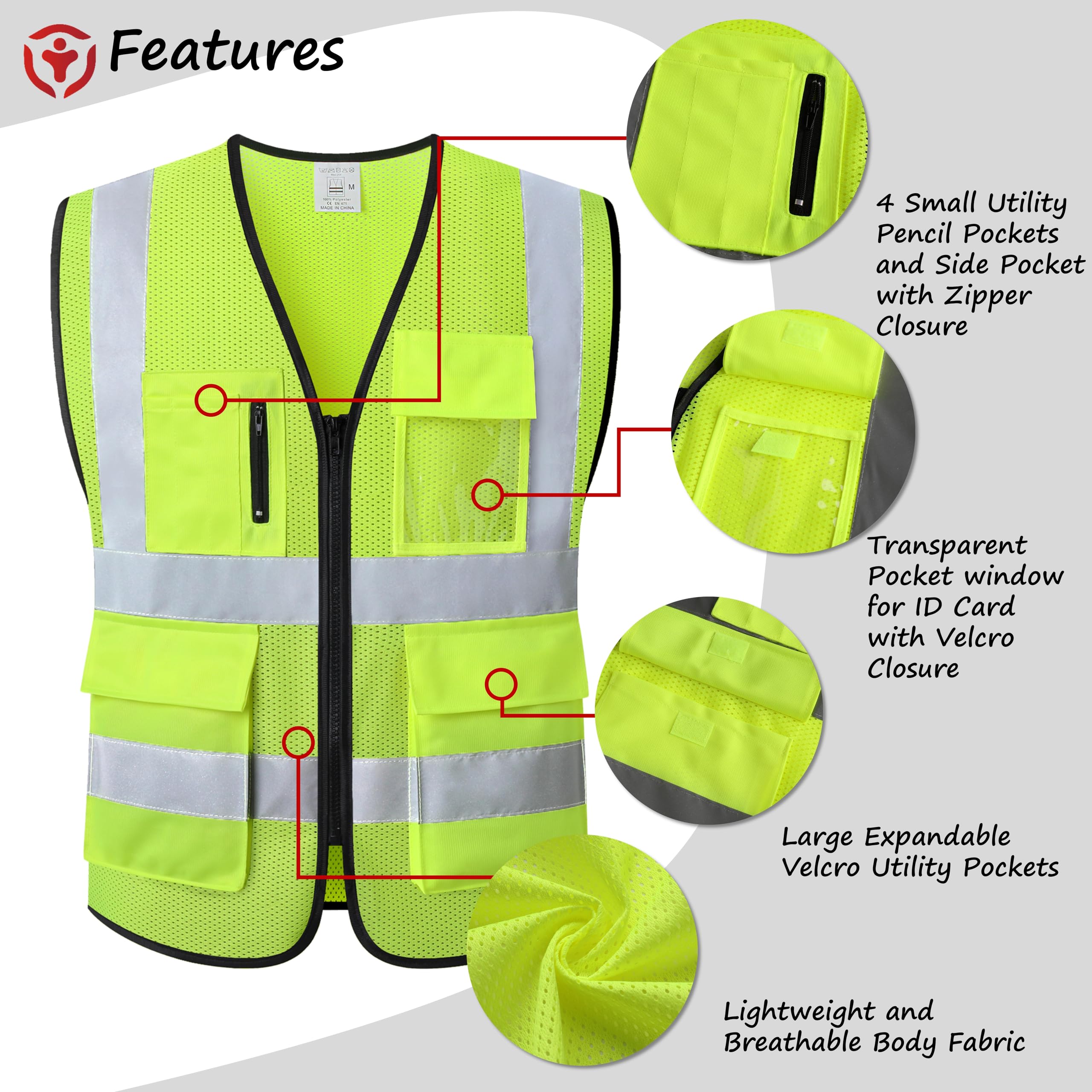 Chaleco de seguridad reflectante para hombres y mujeres con bolsillos y cierre frontal, cumple con las normas ANSI/ISEA