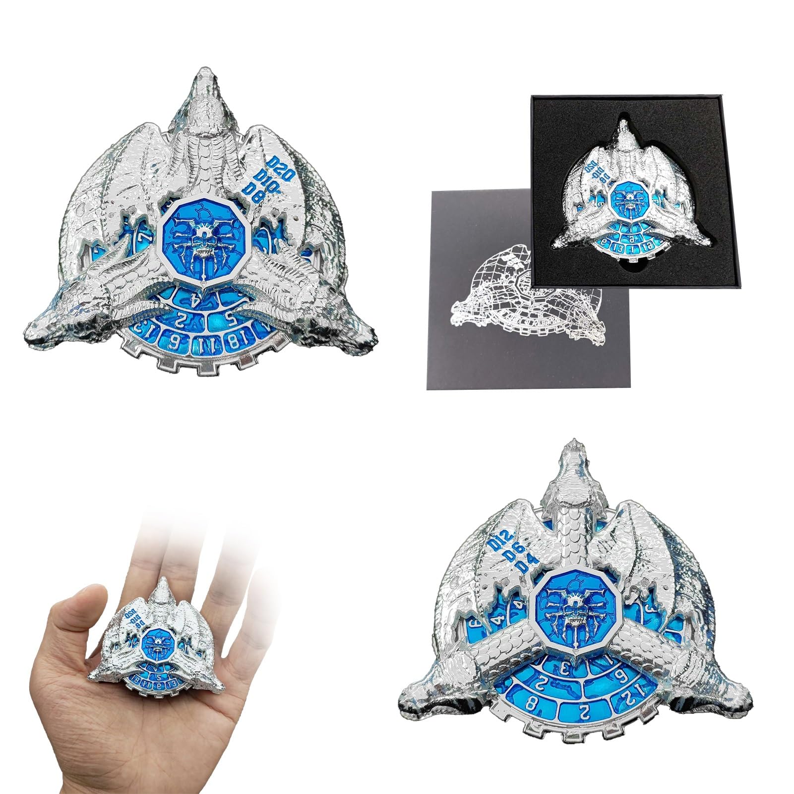 Dados Giratorios de rol Dados DND de Metal para Dungeons y Dragons, Retro Dragón Dados de Ruleta para MGT/RPG, 7 en 1 Poliédrico D&D D4 D6 D8 D10 D12 D20 D% Dice Set, 2 Piezas(Silver Blue)