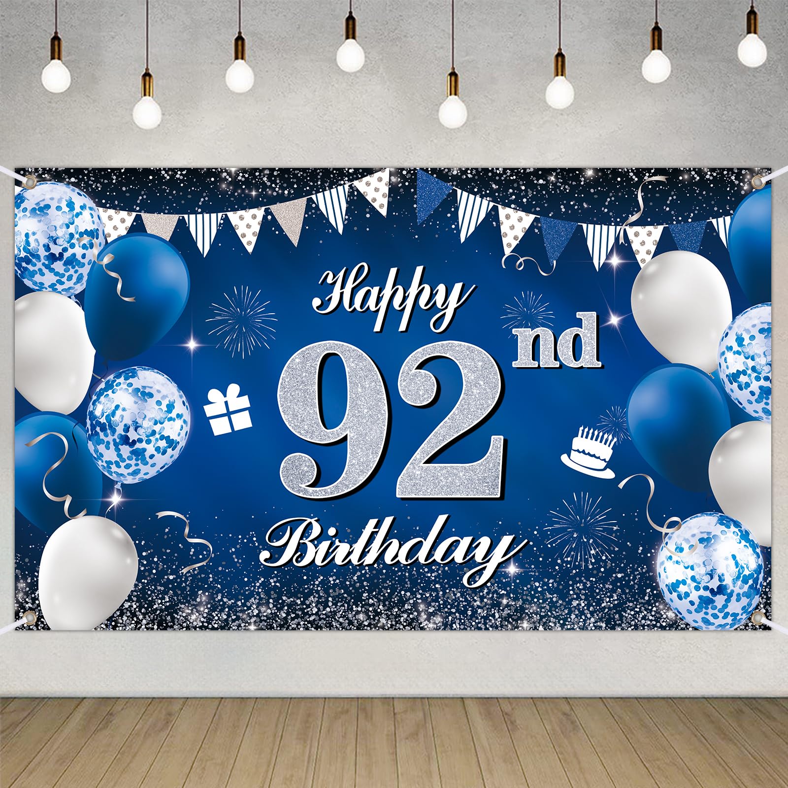 Happy 92nd Birthday Decorations Blue Birthday Banner for Party Backdrop for Men Women Party Decoration Supplies