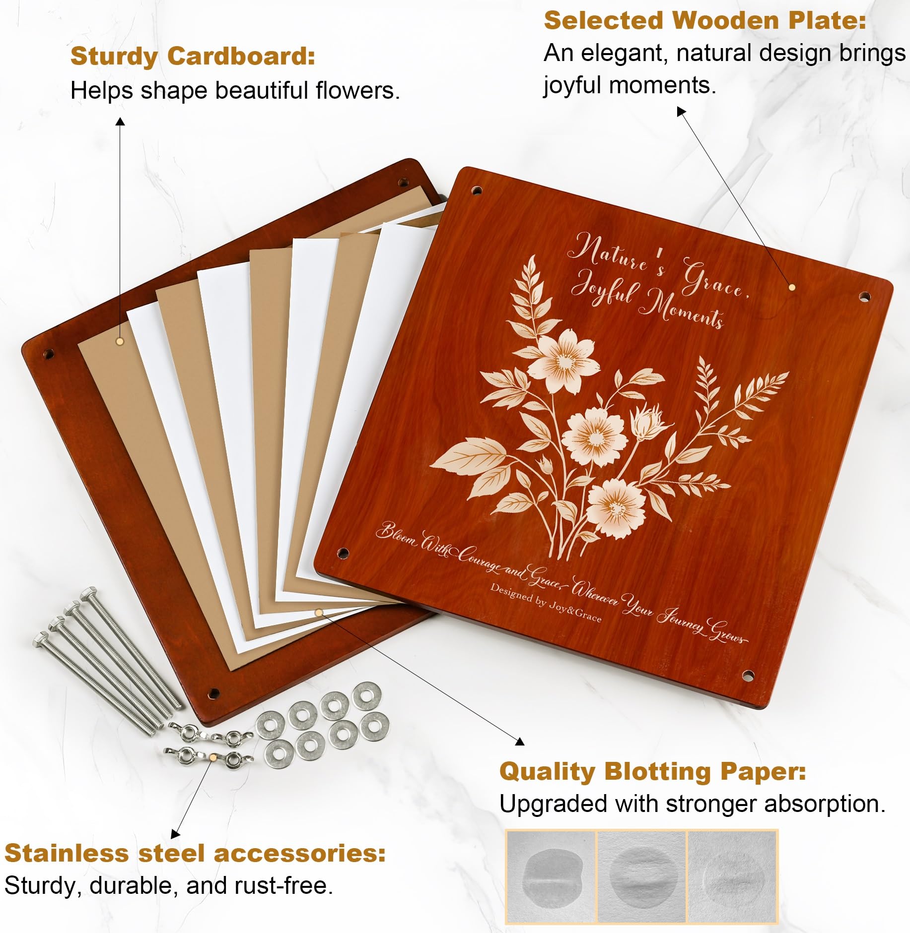 Kit de presse à fleurs Joy&Grace 27,7 x 27,7 cm 10 couches avec album photo DIY acajou