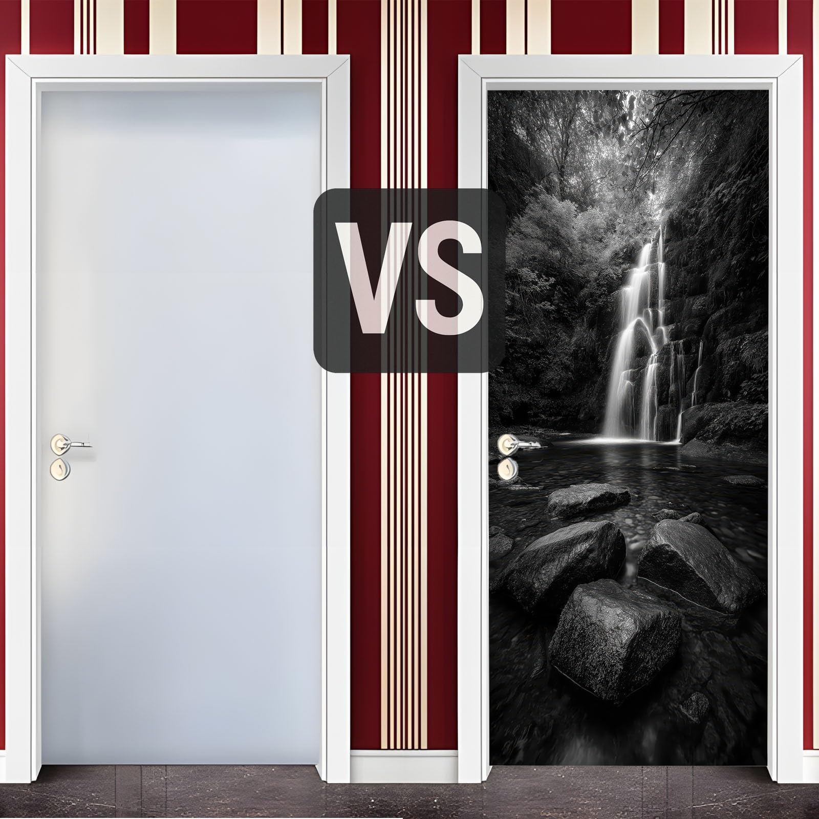 Ciemny las, wodospad, tapeta na drzwi, samoprzylepna, naklejka na drzwi, 80 x 210 cm, naturalny krajobraz PCW, plakat na drzwi, naklejka ścienna, czarna fototapeta na drzwi, folia samoprzylepna do