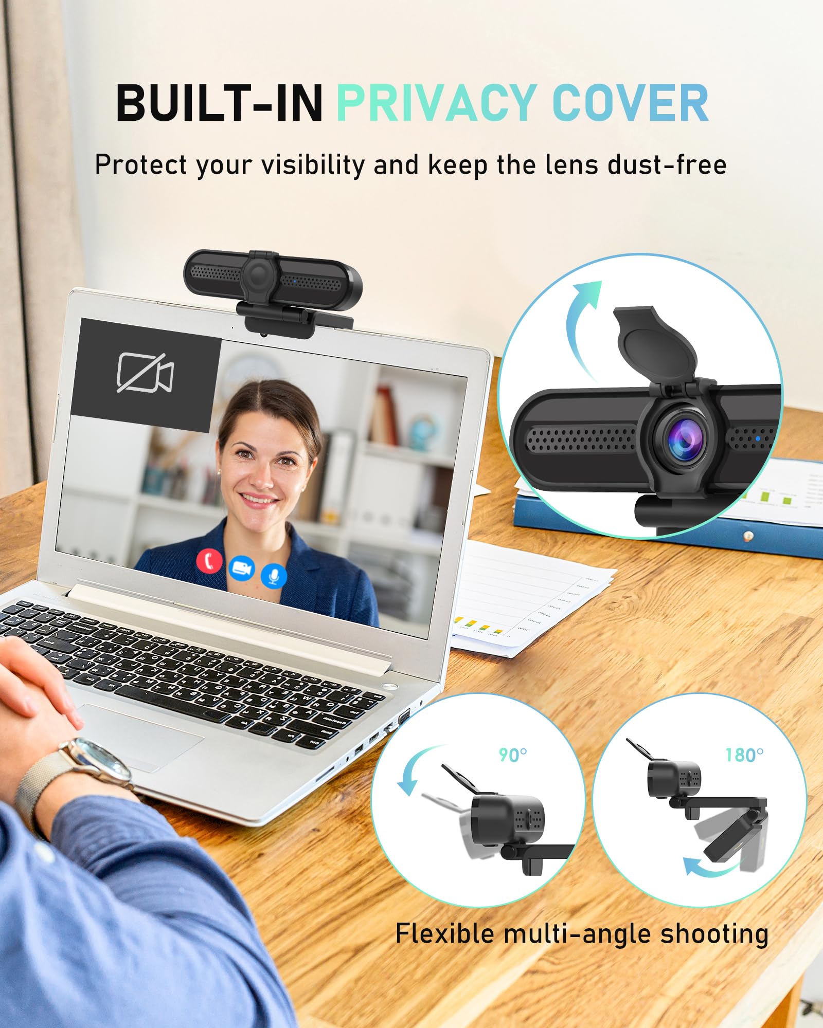 Cámara web 2K, cámara de transmisión FHD con 2K/30fps, 1080P/60fps, enfoque automático, micrófonos duales con cancelación de ruido, cubierta de privacidad y trípode, para
