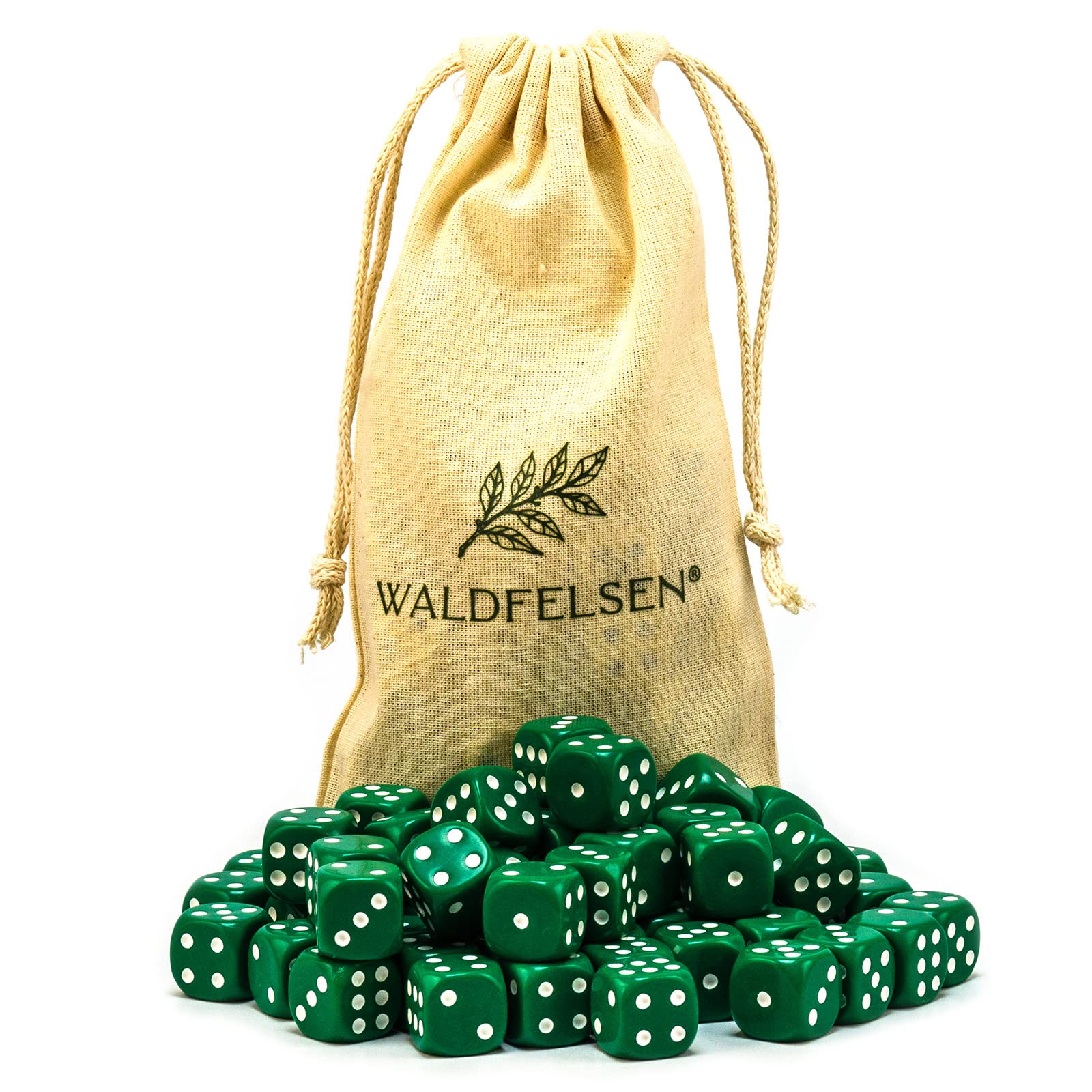 Waldfelsen® 6, 12, 20, 30 or 50 High Quality Dice Standard Size 16 mm Acrylic Cube Puzzle Play Cube Dice 6-Sided Six-Sided Game Accessory Set with Cloth Bag (Green, Pack of 50) — image 1