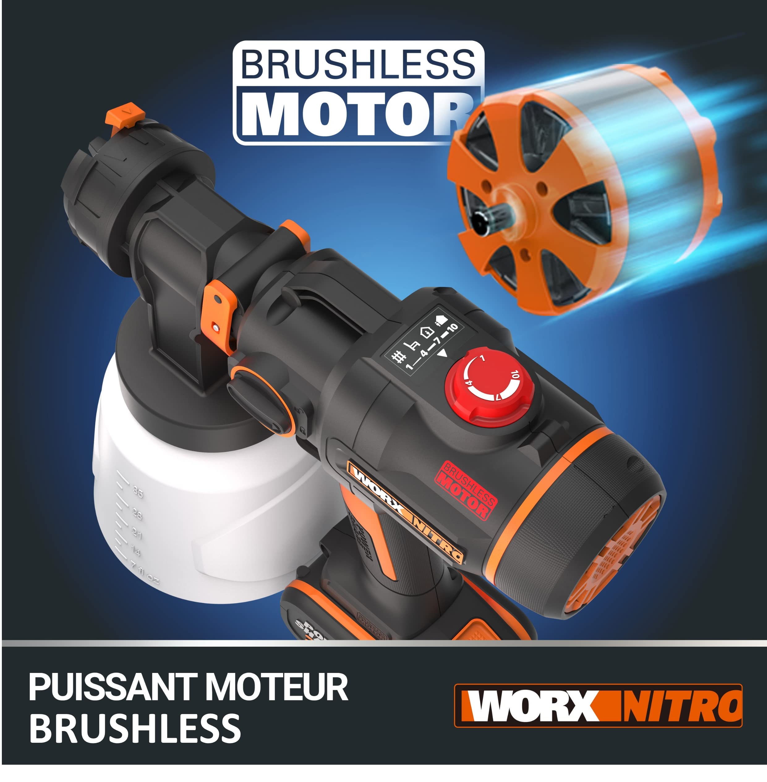 WORX Pistolet à Peinture sans Fil 20V WX020.9 | Puissant moteur sans balais, 3 modes de pulvérisation et 4 buses, nettoyage facile et application uniforme