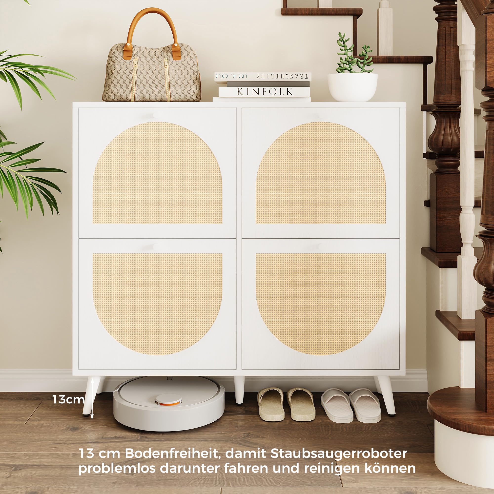 IRONCK Schuhschrank Rattan, schmal Schuhkipper mit 4 Klappen, Weiß | freistehende Schuhregal, Schuhkommode mit verstellbaren Trennwände Schuhablage Schrank für Flur Eingang, 100x24x95cm