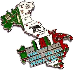 Imã Geladeira Italia de Metal com Mapa, Bandeira e Símbolos Roma Veneza Milão