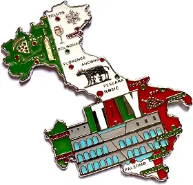 Imã Geladeira Italia de Metal com Mapa, Bandeira e Símbolos Roma Veneza Milão