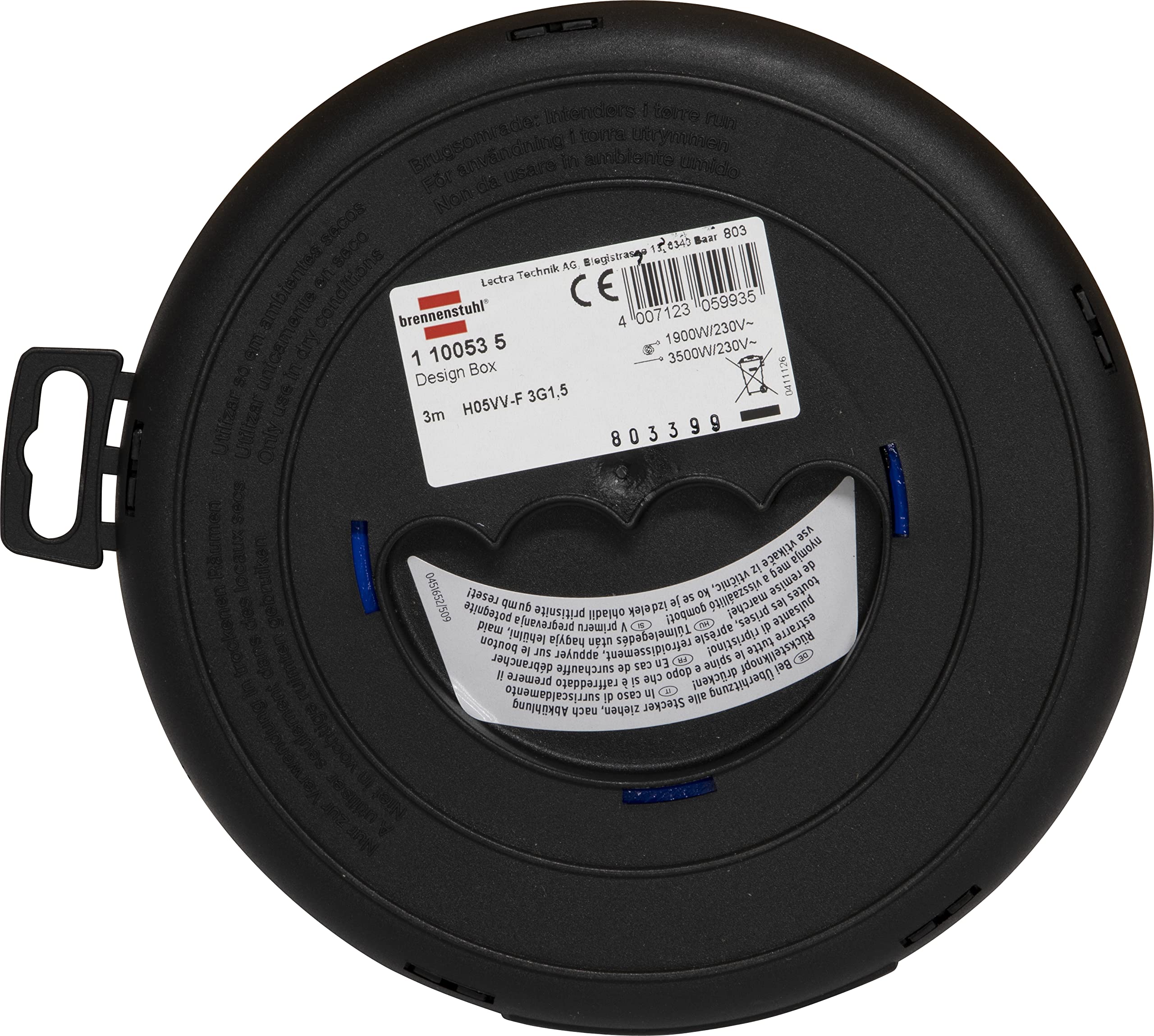 Prolunga Elettrica con Avvolgicavo Brennenstuhl 1100535 | Prolunga Elettrica 3 Metri Ultrapiatta e Pratica | 4 prese Polivalenti (10/16A + Schuko) | Altezza Solo 6cm | Diametro 18cm | Colore Nero/Blu