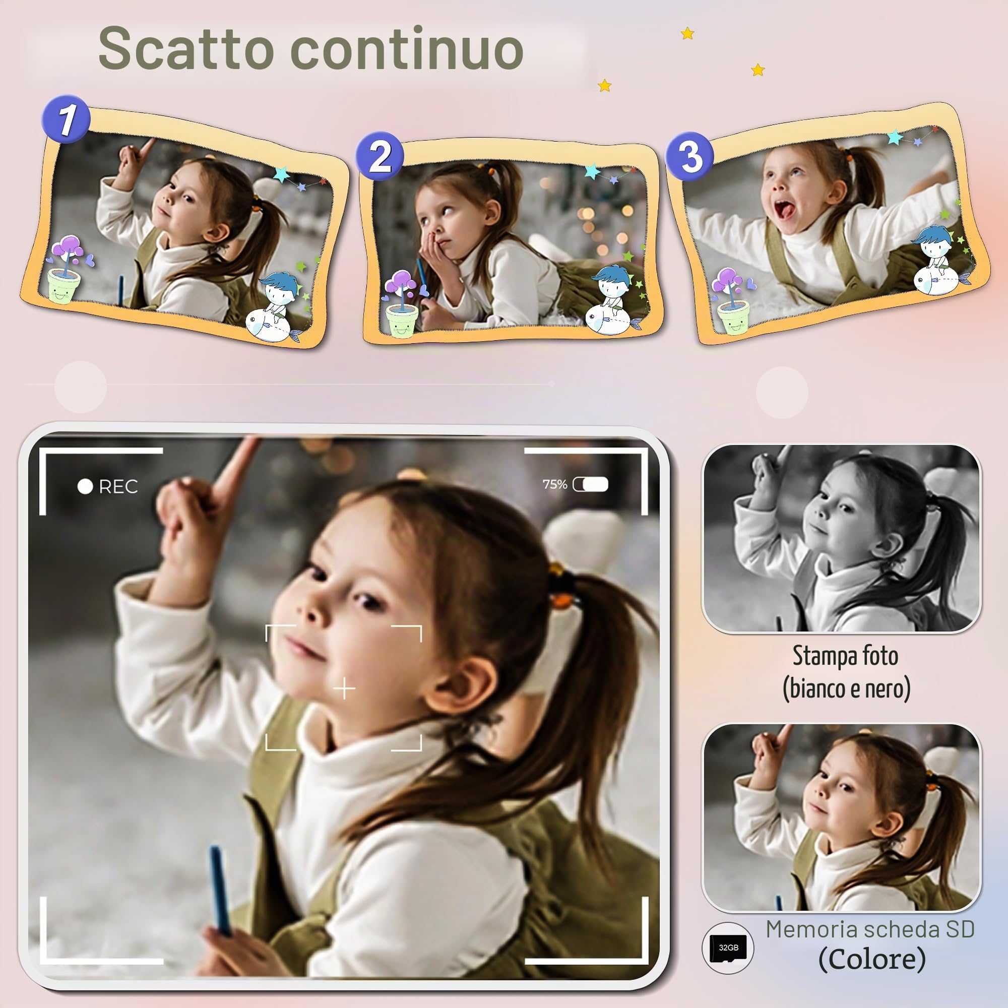 GKTZ Macchina Fotografica Bambini Istantanea - 1080P HD Digitale Fotocamera Stampa, Giocattolo con 32GB Scheda e 3 Rotoli di Carta Fotografica, Regali di Compleanno per Bambine di 4-12 Anni, Viola