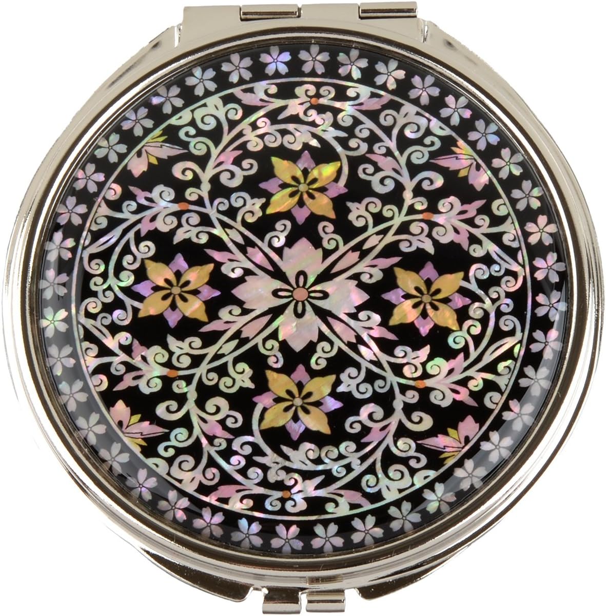 MOP Antique Round Compact Magnifying Make up Double Sided Mirror Mother of Pearl Art Flower Vine