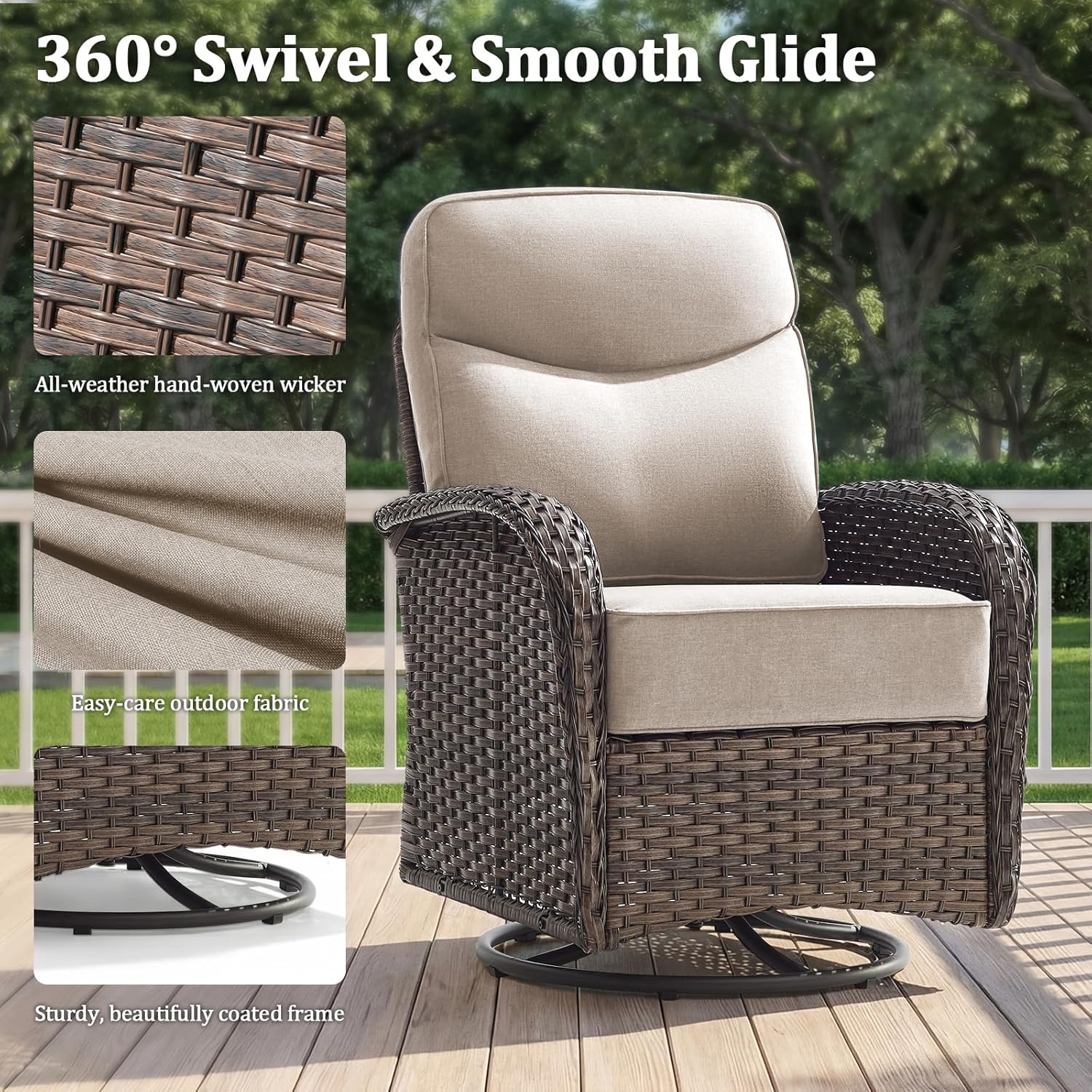 Outdoor Swivel Rocking Chair Patio Set (9pcs) High-Back - Thick Cushion Swivel Rocking Chair Patio with Fire Table Set, All-Weather Wicker Patio Furniture Set, Suitable for Balcony Patios, Brown/Beige