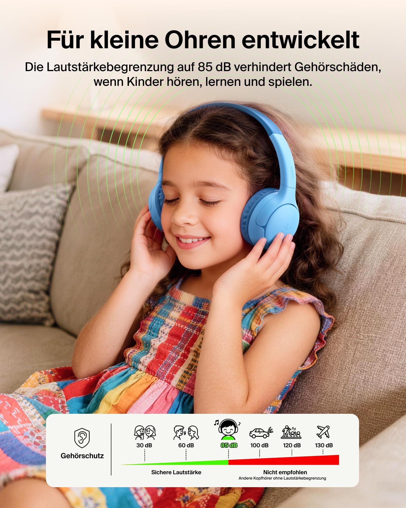 Belkin SoundForm Mini 2 kabelloser On-Ear-Bluetooth-Kopfhörer für Kinder, 55 h Laufzeit, Lautstärkebegrenzung auf 85 dB, mit Mikrofon, Kinder-Kopfhörer mit Schutzhülle für iPhone/iPad/Tablet - Blau