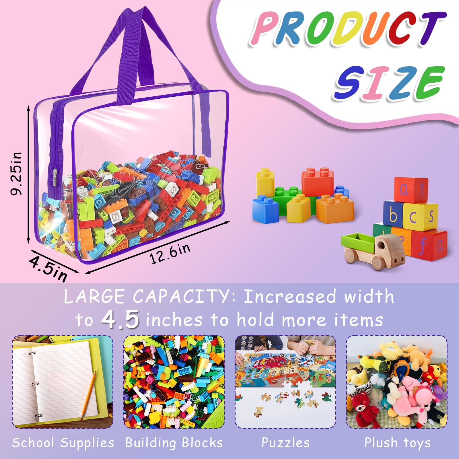 8 Pcs XL-Large Clear Toy Storage Bags with Zipper, Reusable PVC Waterproof Toy Organizer Bags with Portable Handle for Building Blocks, Puzzles, Board Games,and Travel Dust-Proof Storage (XL-Large)