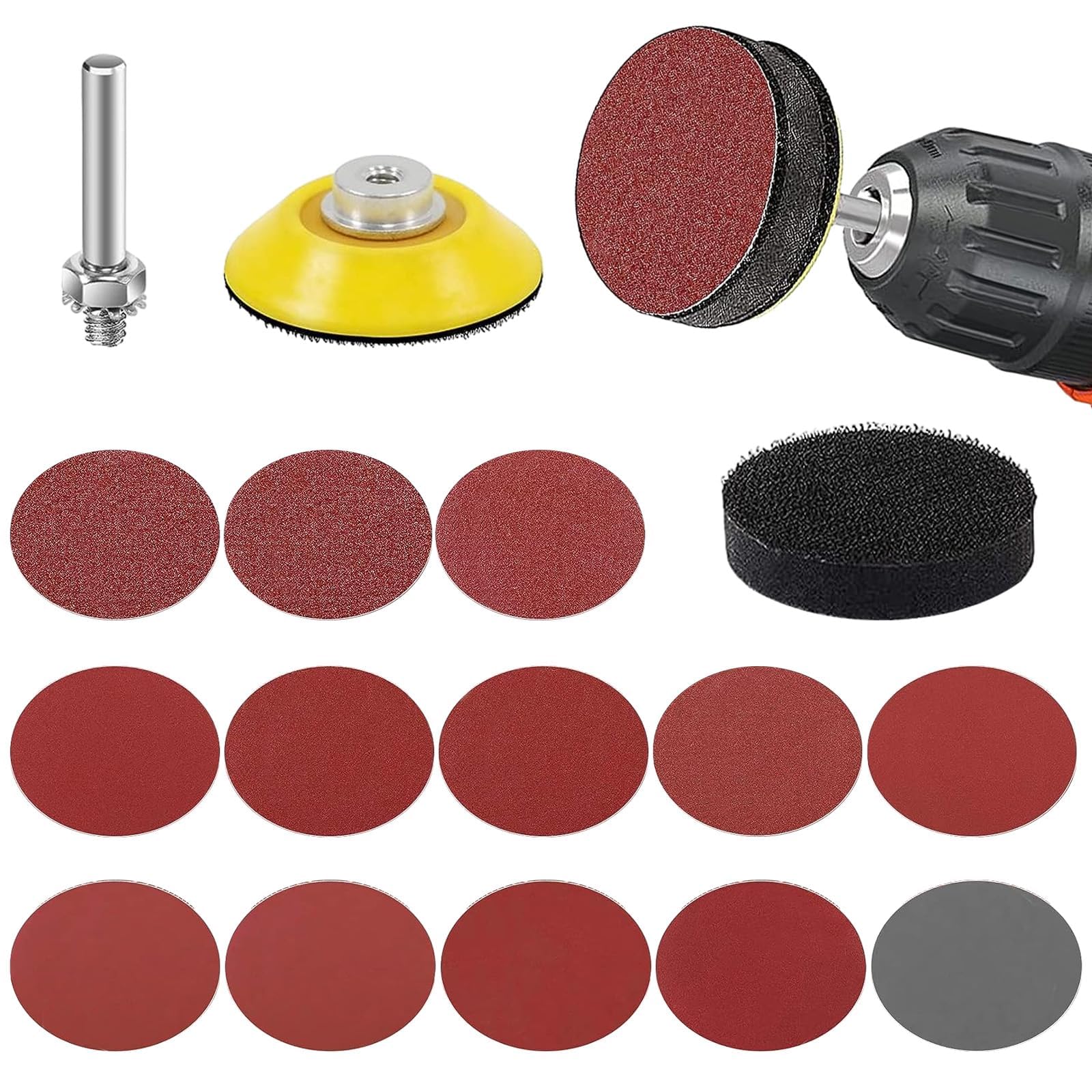 130PCS 2 Inch Sanding Discs for Drill Sanding Attachment Orbital Sander Pads with Shank Backer Plate and Buffing Pad 80-3000 hook and loop drill attachment Grits Assorted for Random Orbital Sander