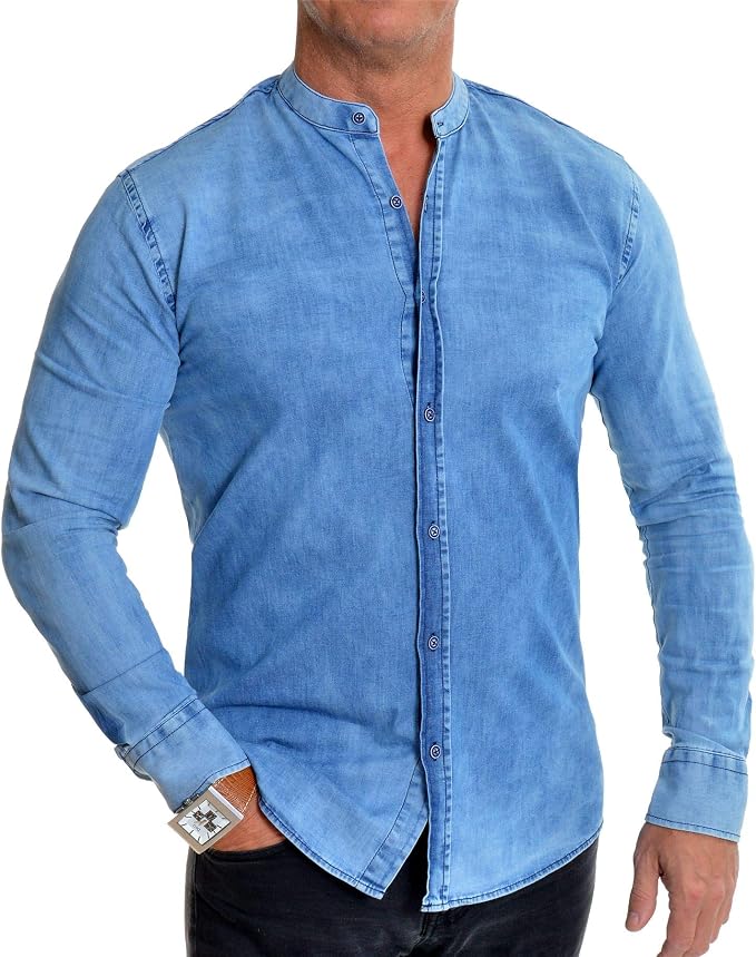Denim Shirt Grandad Collar Slim Fit 