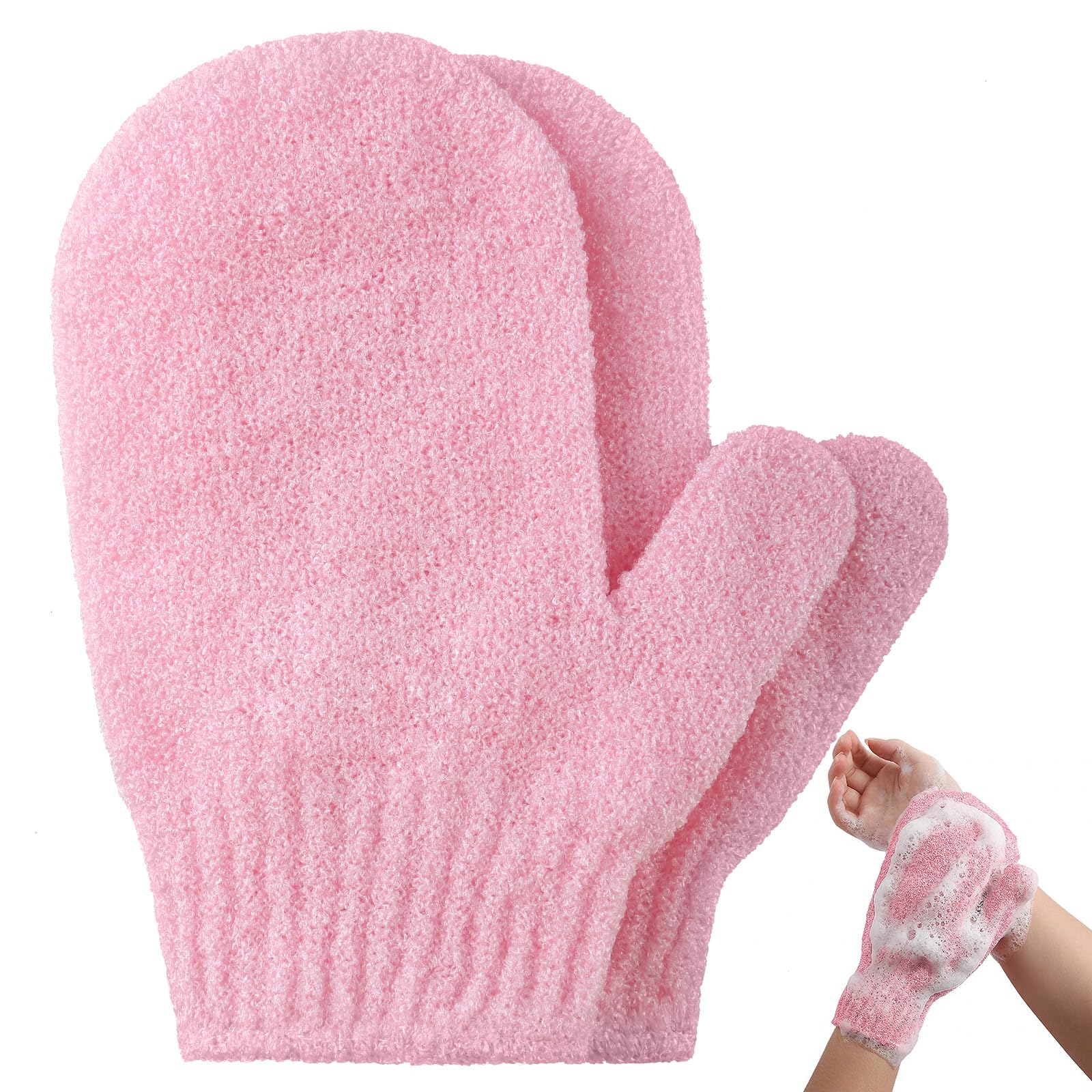 2pcs Exfoliating Gloves, Exfoliating Wash Gloves, Shower Scrub Gloves Away Ingrown Hair and Dead Skin for Shower, Spa, Massage and Dead Skin Cell Remover Loofah - Pink