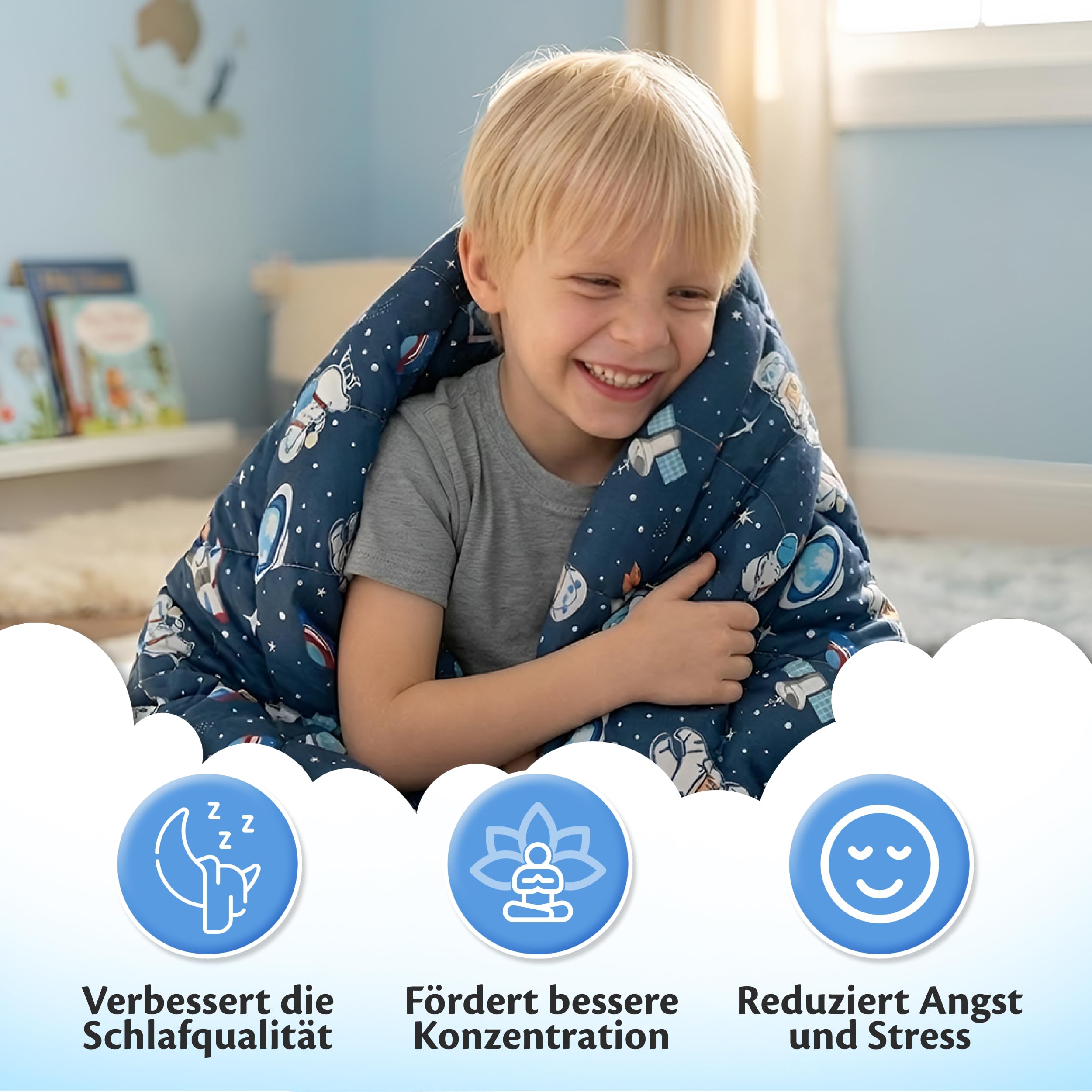 Ella Gewichtsdecke Kinder 3,2 kg 100x150 cm Therapiedecke Hypoallergene Glasperlen Baumwoll-Außenschicht Space