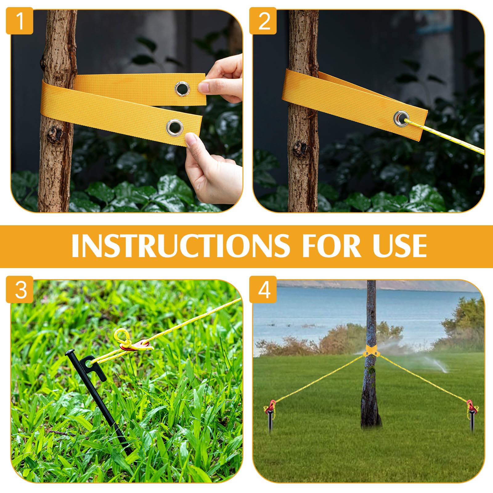 Sintuff 36-teiliges robustes Baumpfahl-Set, Baumpfahl und Unterstützung für junge Bäume, zum Glätten von Bäumen, 40 cm Stützgurte, 30 cm Stahl-Baumpfähle, 4 m Seil (gelb)