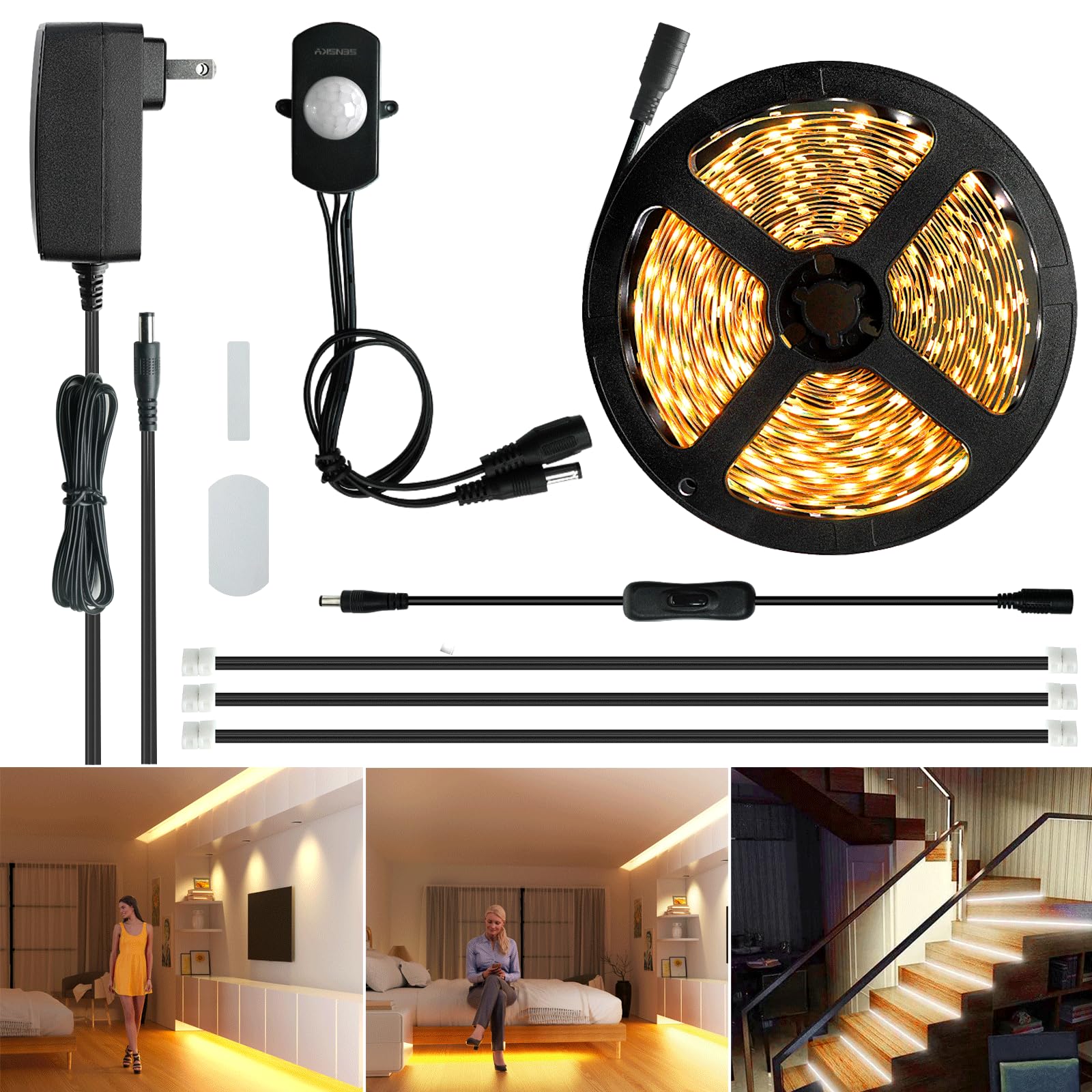 Sensky 19.7ft/6m Motion Activated LED Strip Light Kit Flexible LED Strip Motion Sensor for Bedroom, Gun Safe, Under Cabinet, Under Bed, Pantry, Kitchen, Stairway, Closet(Warm White 3000-3500K)