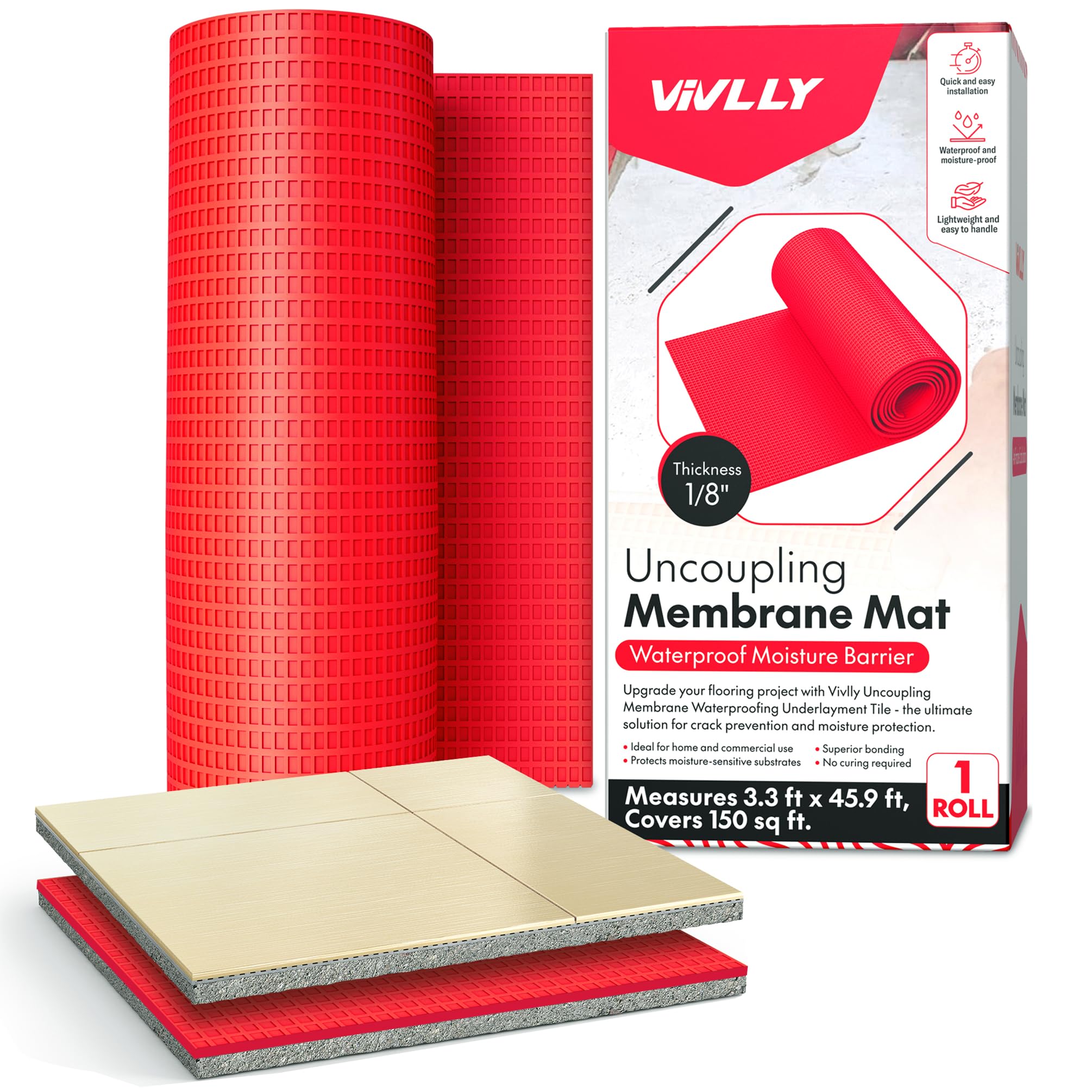 Vivlly1/8” Uncoupling Membrane for Tile, Stone, Concrete, Shower Walls, Bathroom Flooring, Waterproof Floor Underlayment Mat, Anti-Fracture Crack