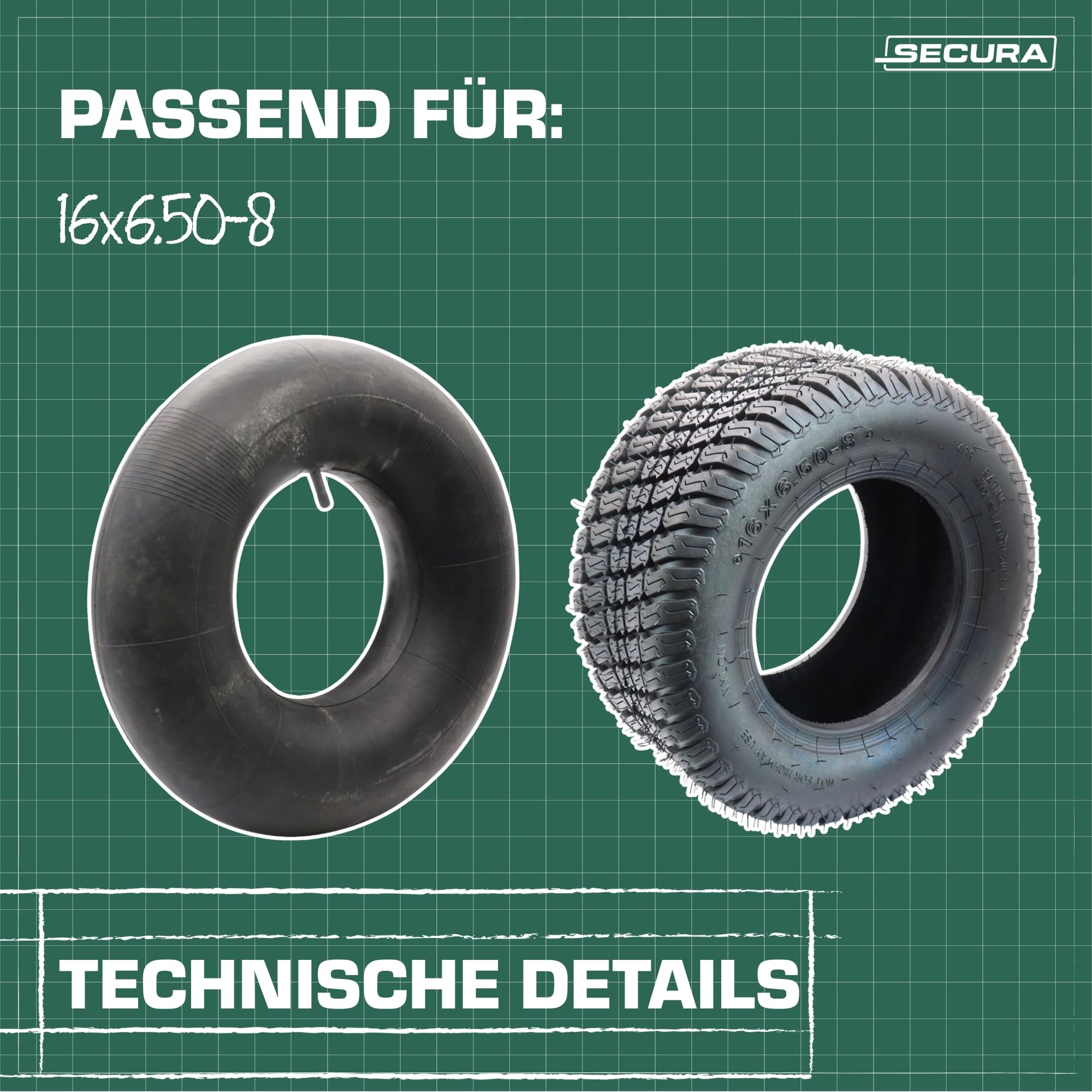 SECURA 2x Tubeless Reifen 16x6.50-8 inkl. Schläuche mit geradem Ventil TR13