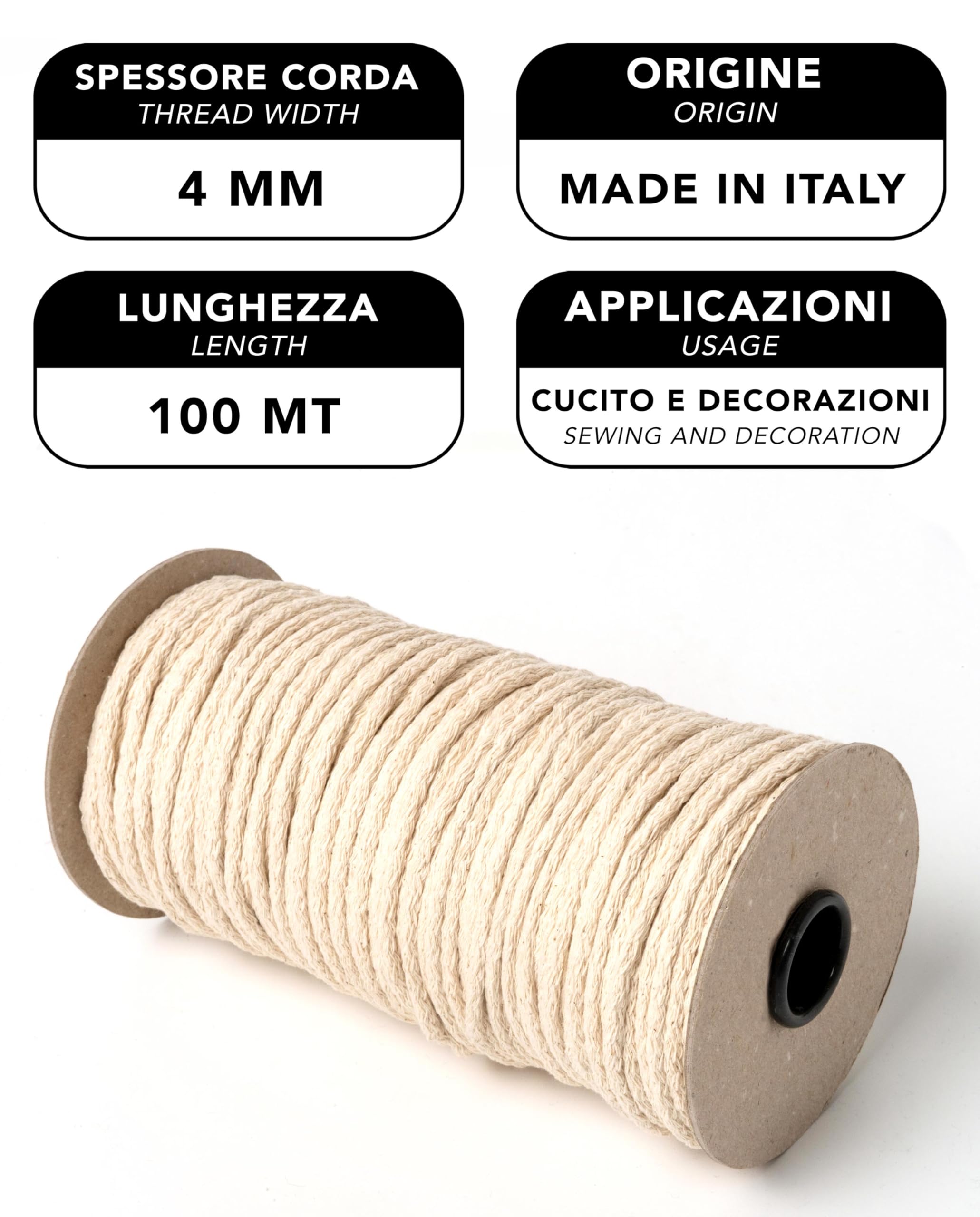 IPEA Hilo de Macramé de Algodón Natural – 4 mm x 100 Metros – Rollo Súper Largo – Cuerda de Macramé