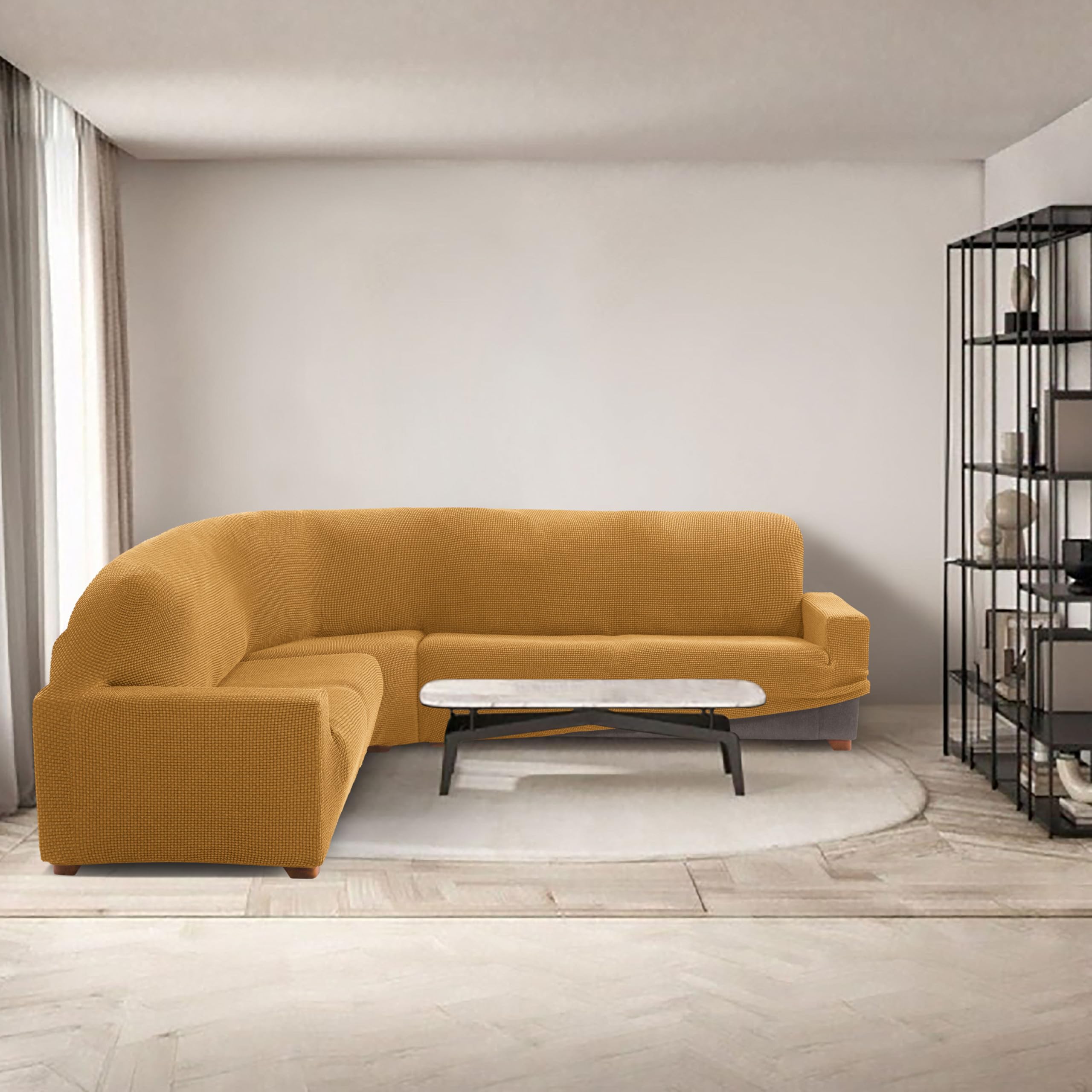 MAXIFUNDAS FUNDAS DE SOFA & CHAISE LONGUE. Copridivano ad angolo Relive colore giallo. Fodera protettiva super elastica per divano ad angolo.
