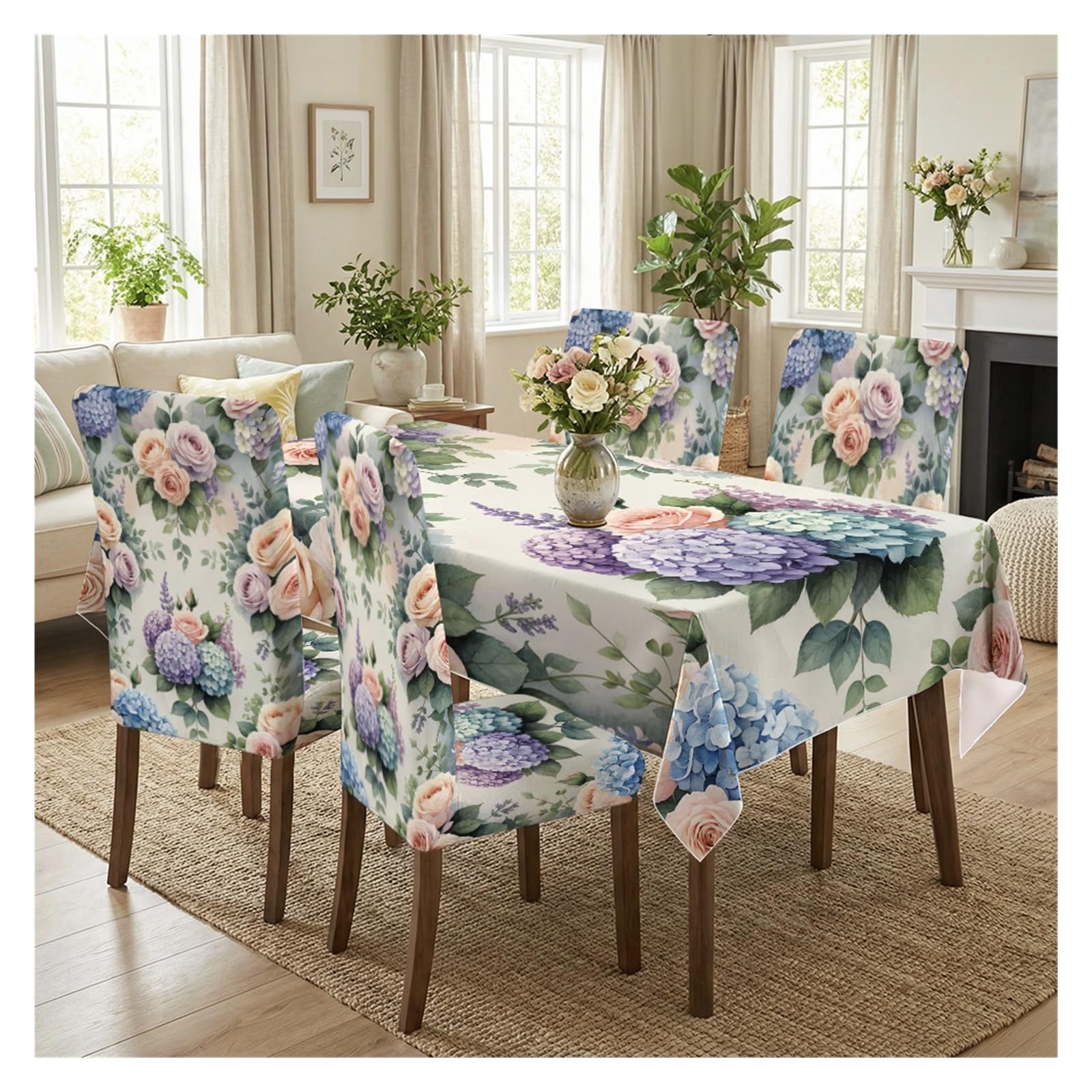 BOSUYBN Multi-Color Rose & Hydrangea Floral Print Dining Tablecloth & Chair Covers Set, 5/7 Piece Romantic Cottage Garden Dining Decor Table Setting(5pcs Set: Tablecloth+Chair Covers)