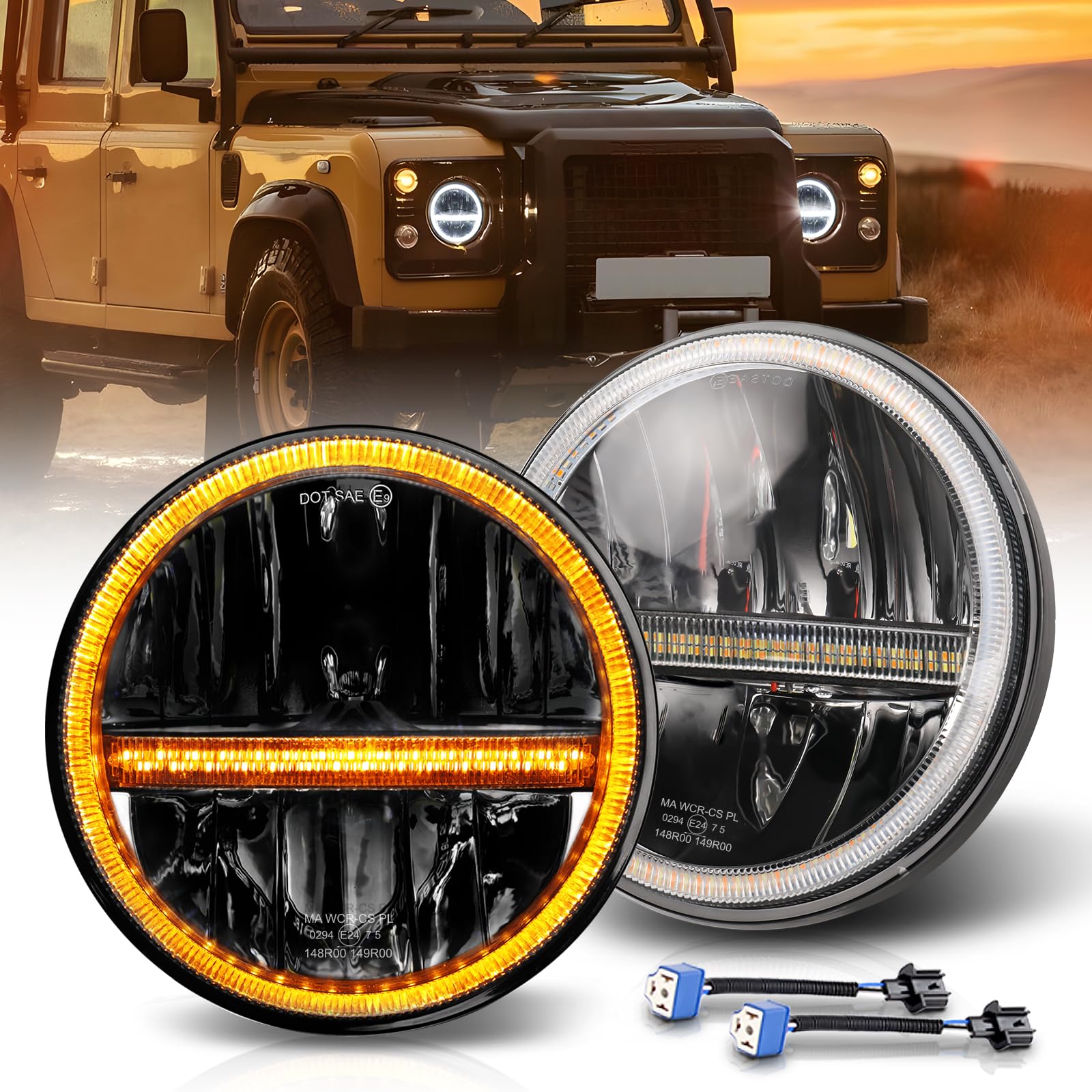 BraveWAY 7 Pouces Led Phare 60W 15000LM, 2PCS Phare Led Wrangler JK，Dot Approuvé Hi Lo Beam Blanc Ambré DRL,Câble H4-H13 Compatible Avec Wrangler JK TJ LJ CJ Hummber H1 H2,Plug and Play