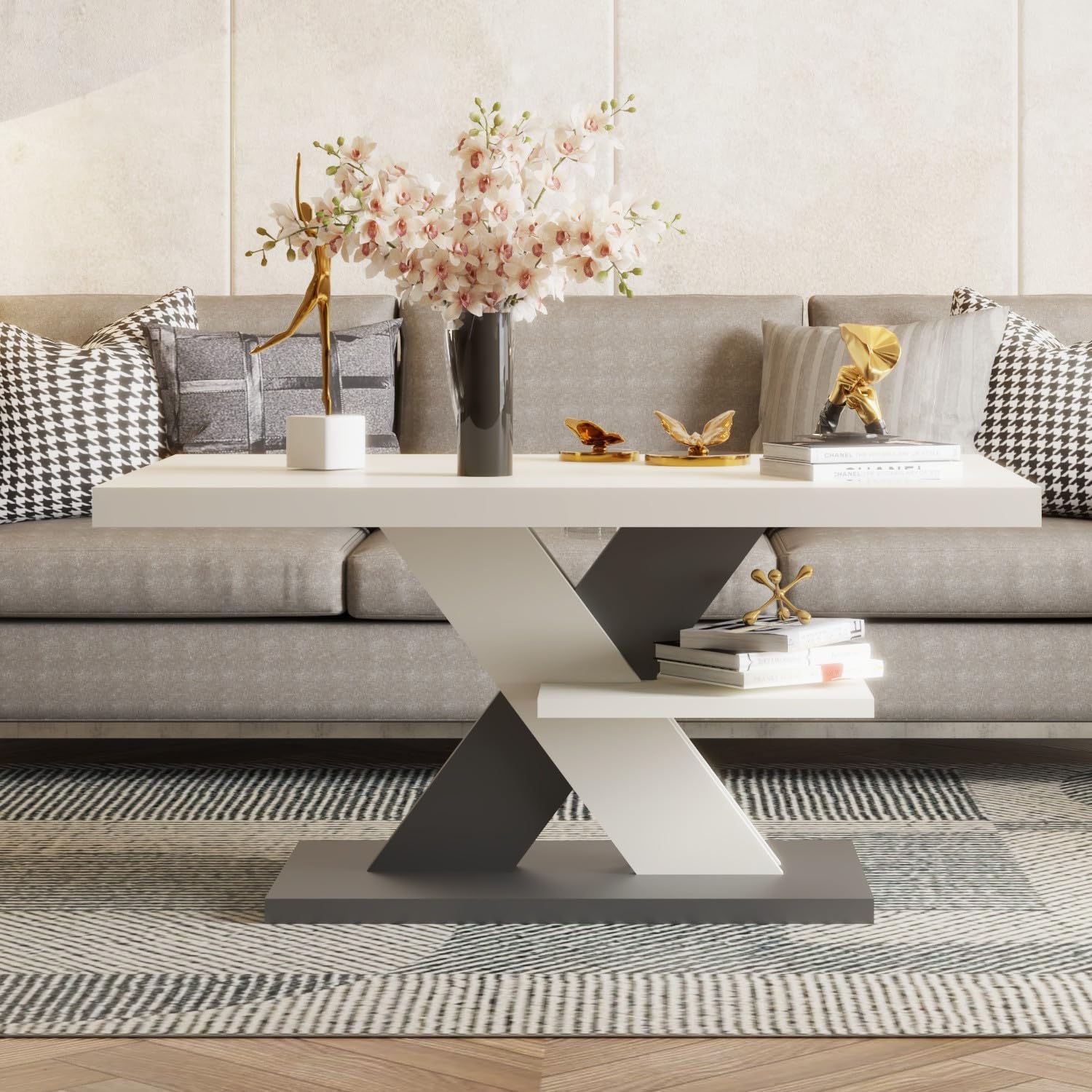 Viosimc Tavolino da Salotto Moderno Bianco e Grigio con Ripiano Tavolo Soggiorno Elegante, Complemento Arredo Contemporaneo 90x60x45 cm