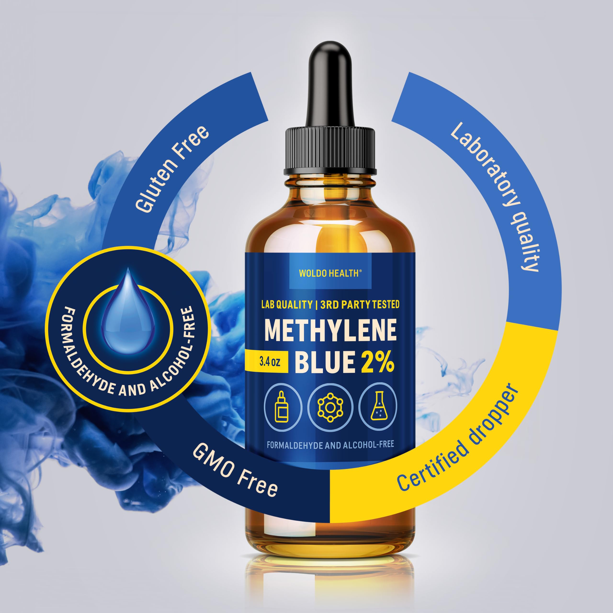 Bleu de méthylène 2 % de qualité pharmaceutique avec pipette 100 ml – Sans formaldéhyde, sans alcool, protégé de la lumière, pureté de laboratoire