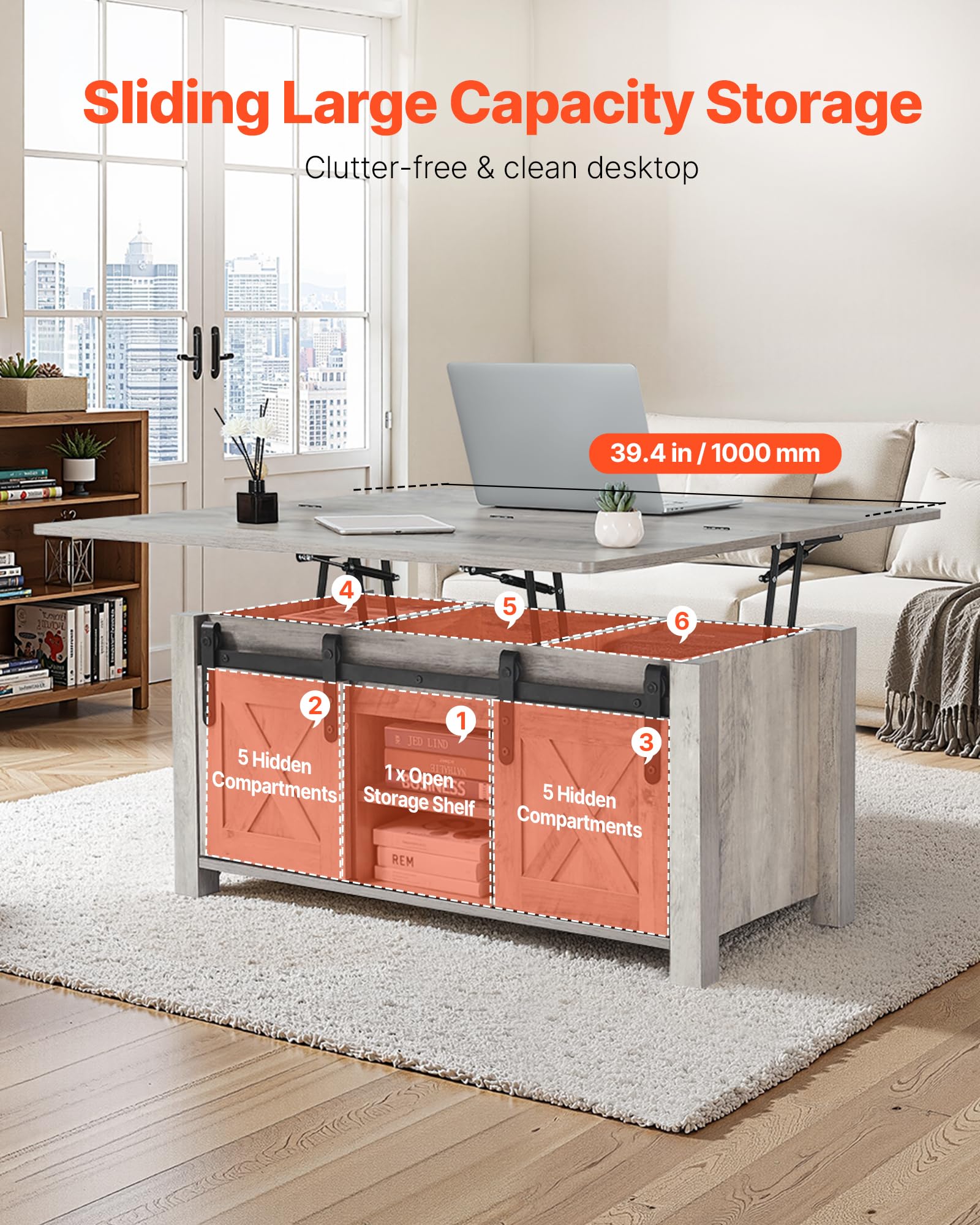 VEVOR Mesa de Centro Elevable 100 cm, Mesa de Café con Puerta Estilo Granero y Compartimento de Almacenamiento Oculto, Mesita de Salón o Comedor de Madera para Salón, Oficina, Hogar, Roble Rústico