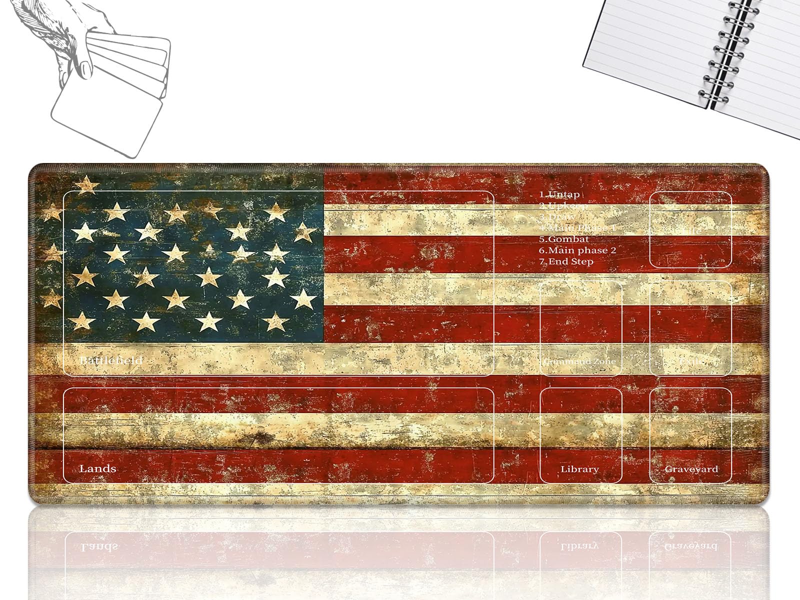Playmat for MTG Cards Game Mat with Non-Slip Rubber Base Stitched Field Rules Zones Play Mat Desk Mats with American Flag Retro Size 24 x 14 inch Mousepad for MTG TCG Card Game Playing for Beginner