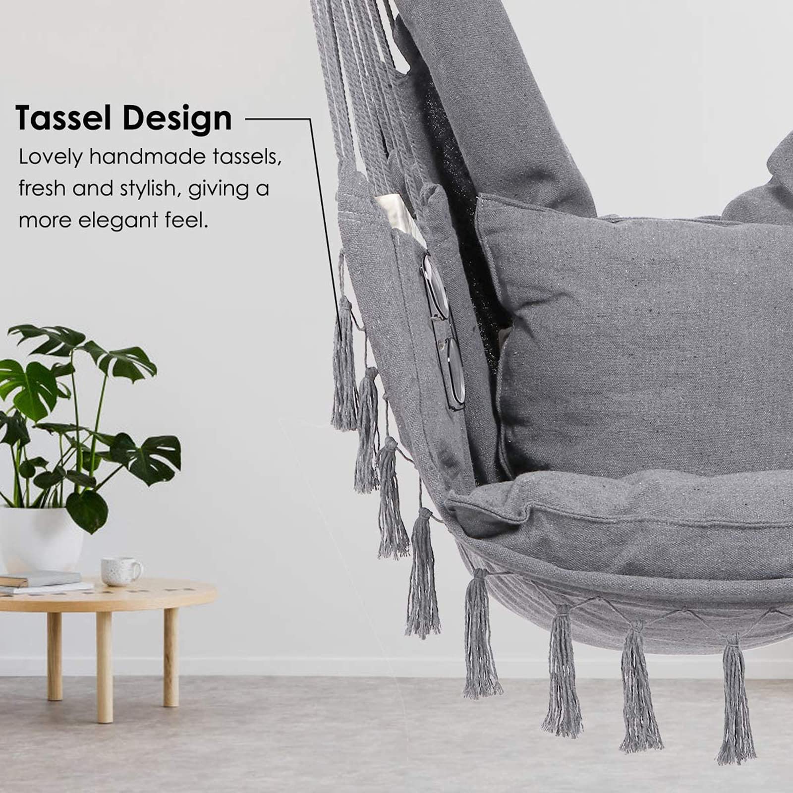 DYTWXG Columpio de Cuerda Colgante para Silla Hamaca, máximo 330 Libras, Asiento con 2 Cojines y Kits de Hardware, Interiores, Exteriores, hogar, Dormitorio, Patio, terraza, jardín, Gris
