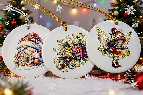 Miniatura 4 de Paquete de 3 adornos clásicos de Navidad, decoraciones de bolas de árbol de Navidad de cerámica, juego de decoración tradicional de vacaciones