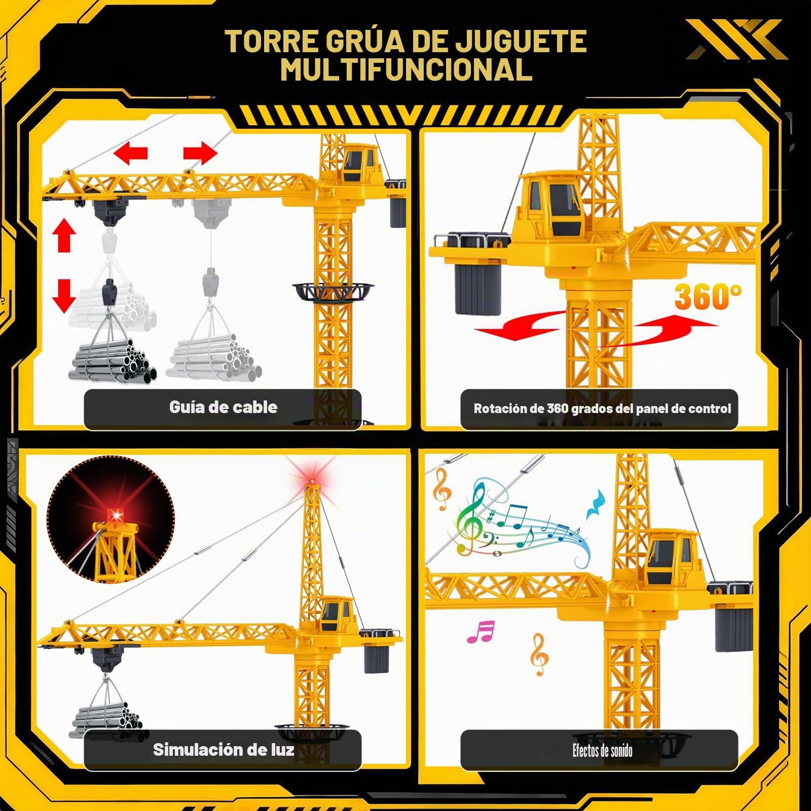 HILKKET Grúa Torre Teledirigida, 138 cm Gruas de Juguete Teledirigida, RC 2.4GHz Grúas Torre de Construcción, Camión Volquete con Control Remoto, Elevador Giratorio de 680 con Luces y Sonidos