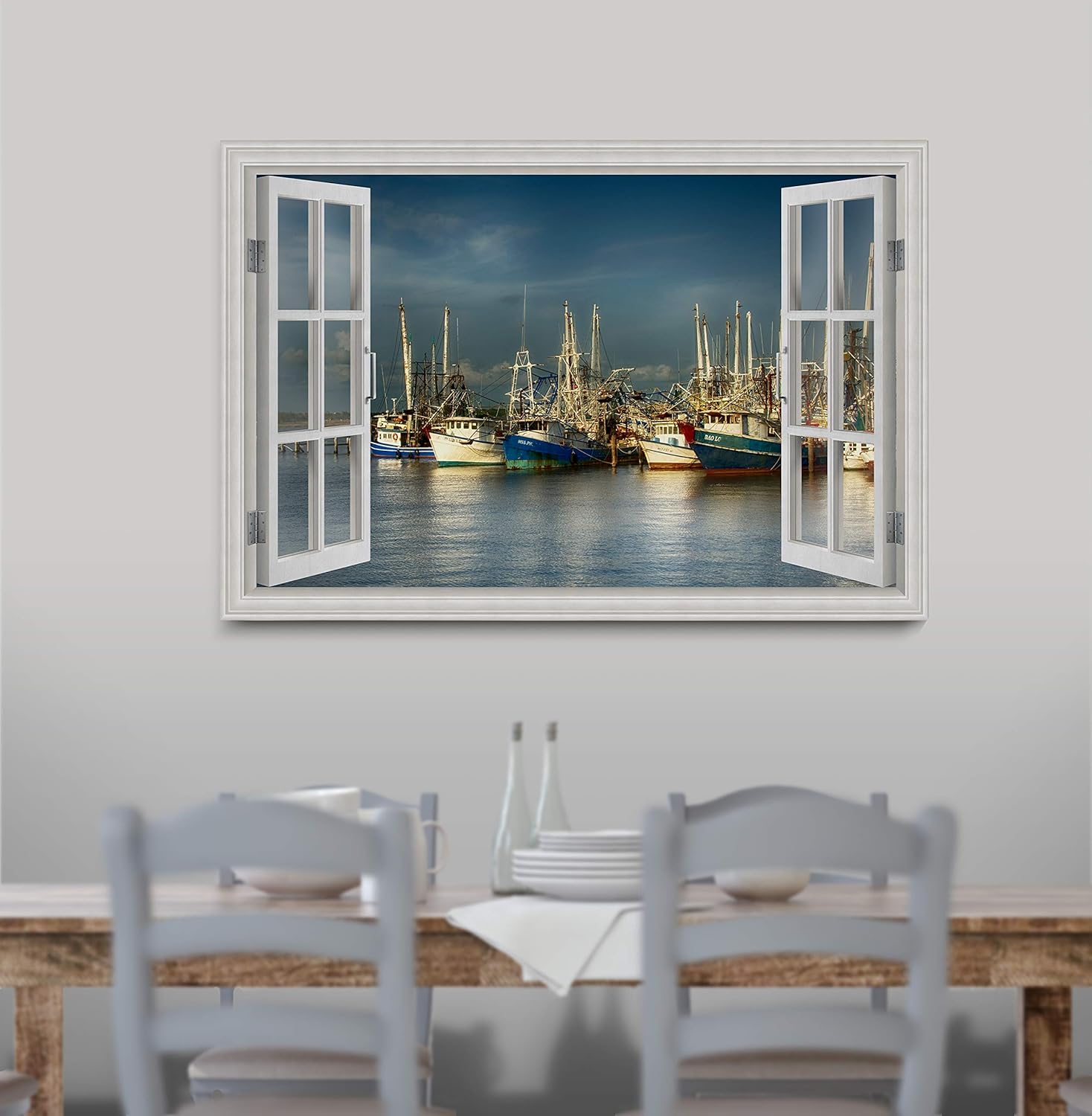 Renditions Gallery Canvas Nautical Art Scenic Window View for Home Shrimp Boats Docked at Sea Canvas Art Prints for Bedroom Living Room Office Walls - 24X36 LT38