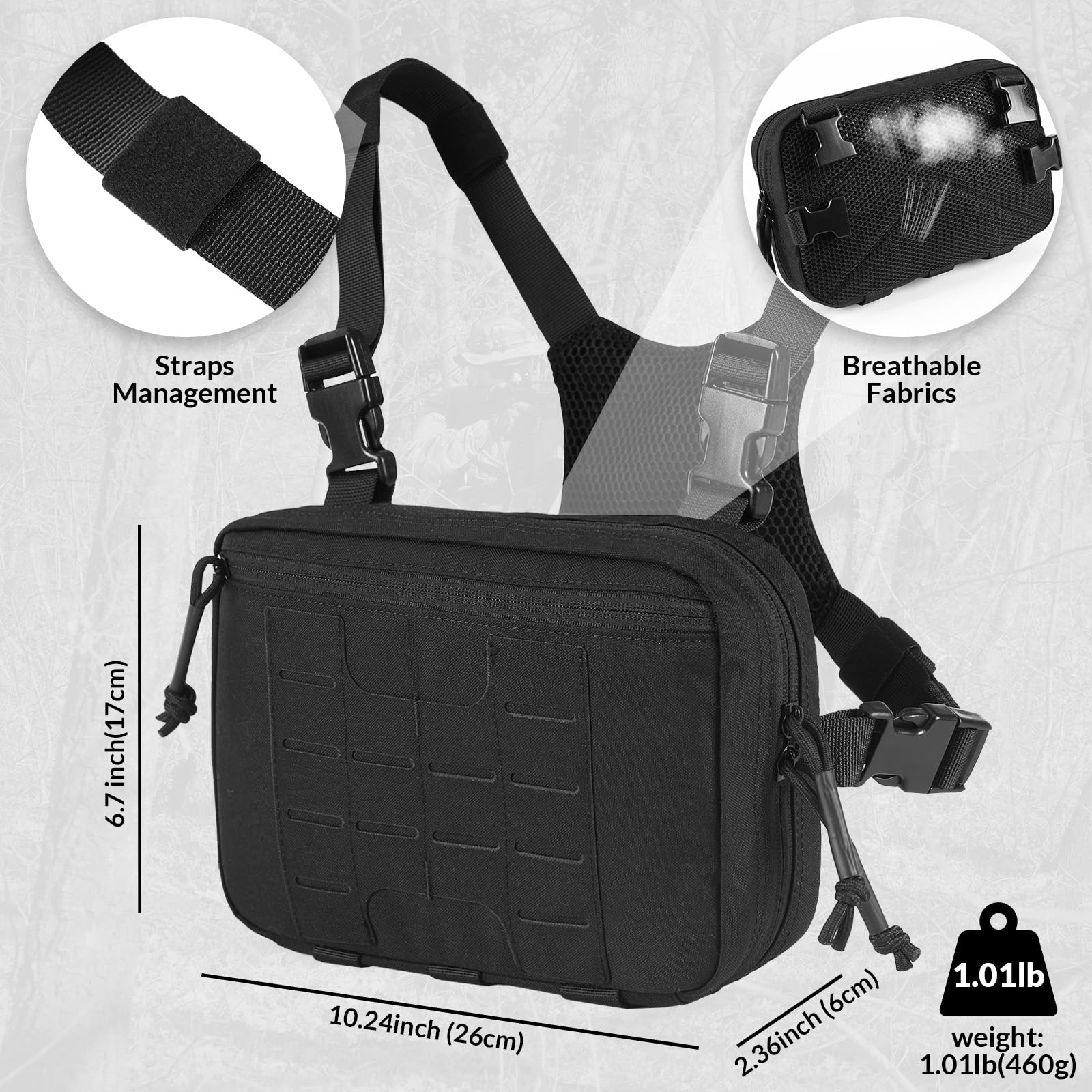 VOTAGOO GEAR Tactical Chest Pack 2L Utility Molle Chest Rig CCW Chest Pouch Hiking Hunting Fishing Running Bag EDC Outdoor Pack (Black)