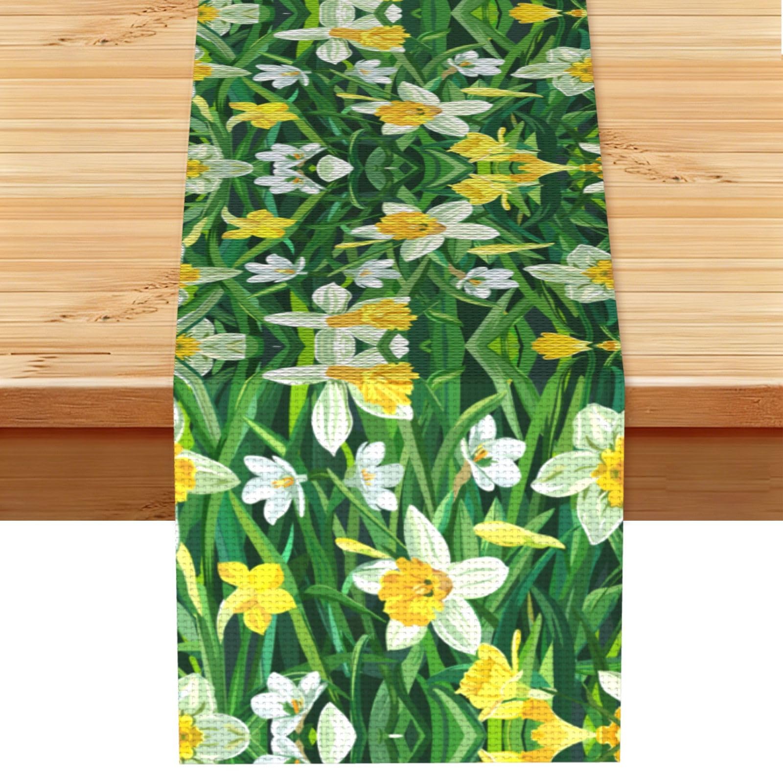 Delicate White Daffodil Printed Table Runner 13 x 72, Wrinkle Resistant Decor for Dining Table Coffee Table Fireplace